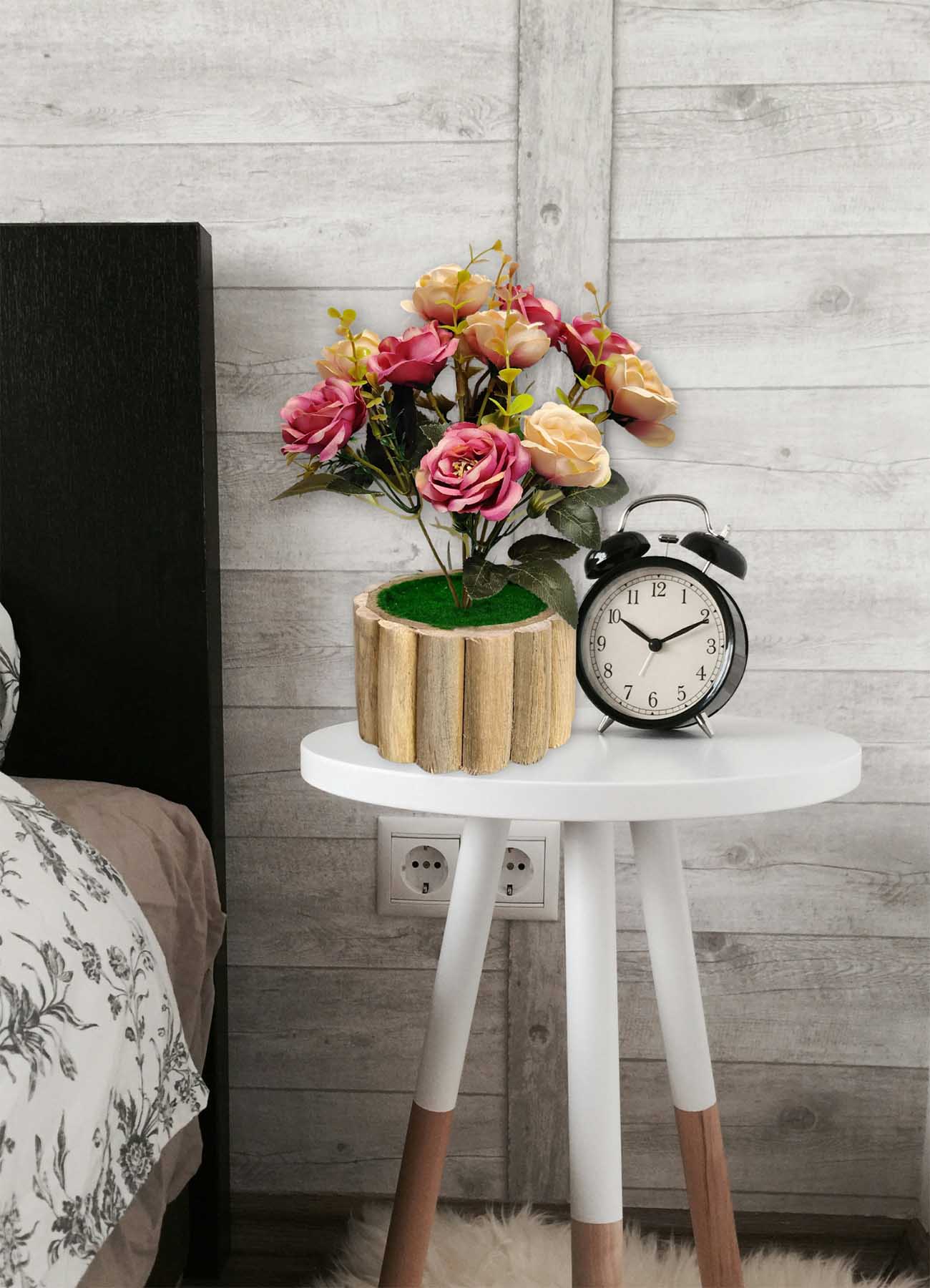 Artificial flowers with wooden pot for decoration for table top, home decor, office decor, rose flowers, artificial plant, craft, gift, combo, pack of 1 piece, Multi, 45 cm height