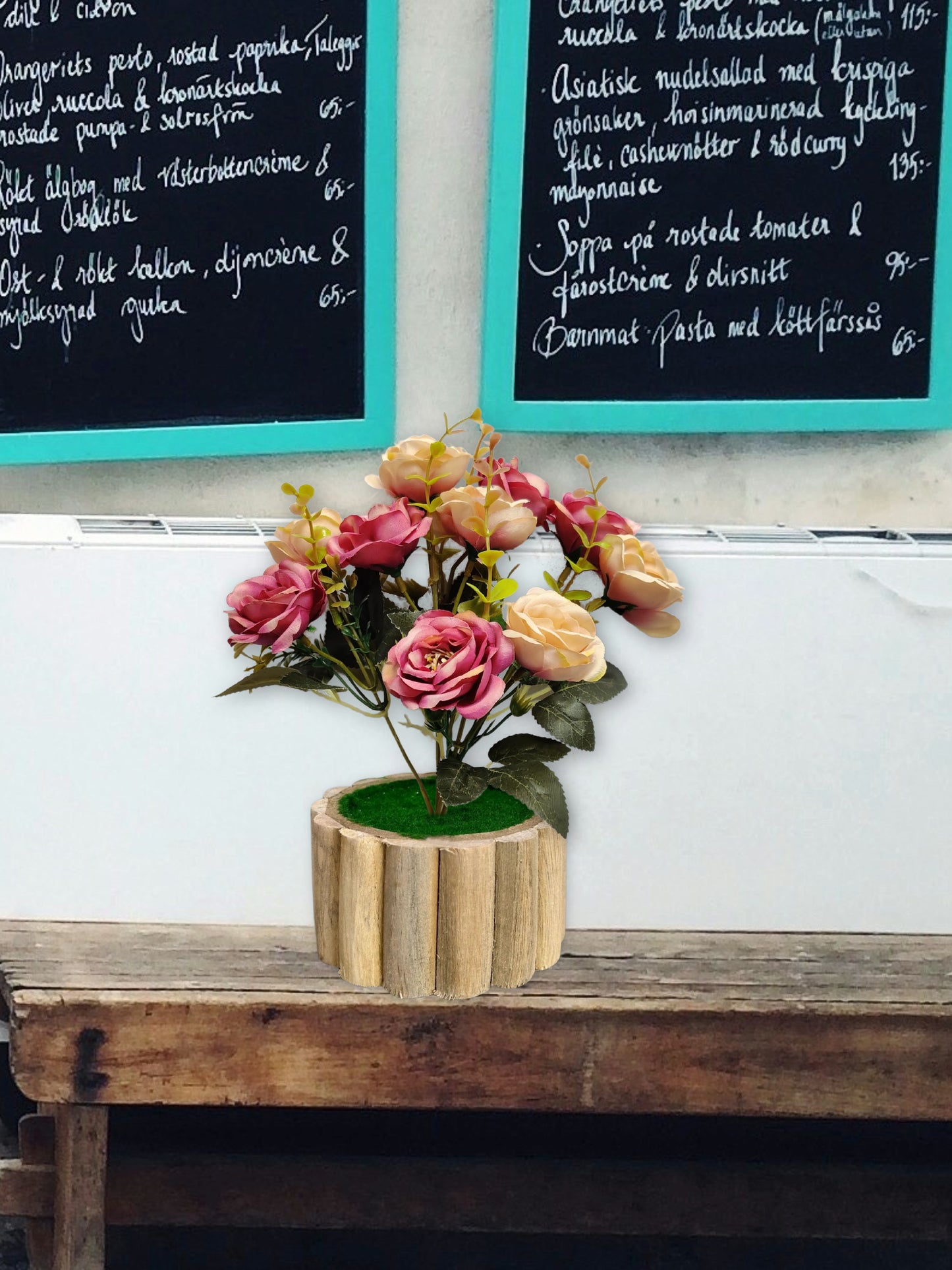Artificial flowers with wooden pot for decoration for table top, home decor, office decor, rose flowers, artificial plant, craft, gift, combo, pack of 1 piece, Multi, 45 cm height