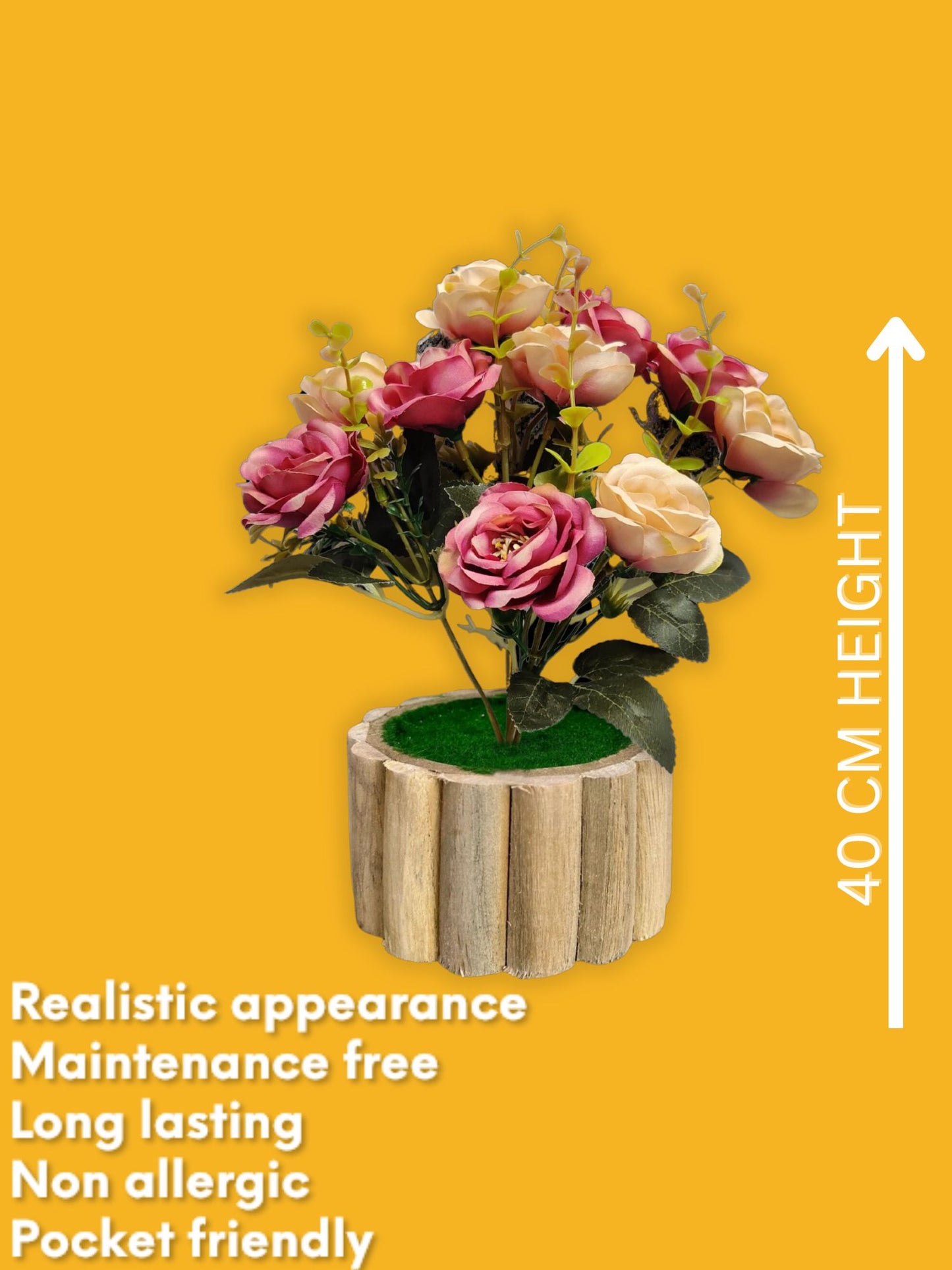Artificial flowers with wooden pot for decoration for table top, home decor, office decor, rose flowers, artificial plant, craft, gift, combo, pack of 1 piece, Multi, 45 cm height