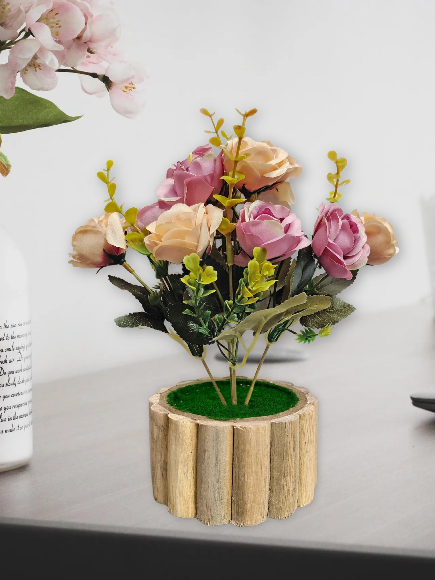 Artificial flowers with wooden pot for decoration for table top, home decor, office decor, rose flowers, artificial plant, craft, gift, combo, pack of 1 piece, Purple, 45 cm height