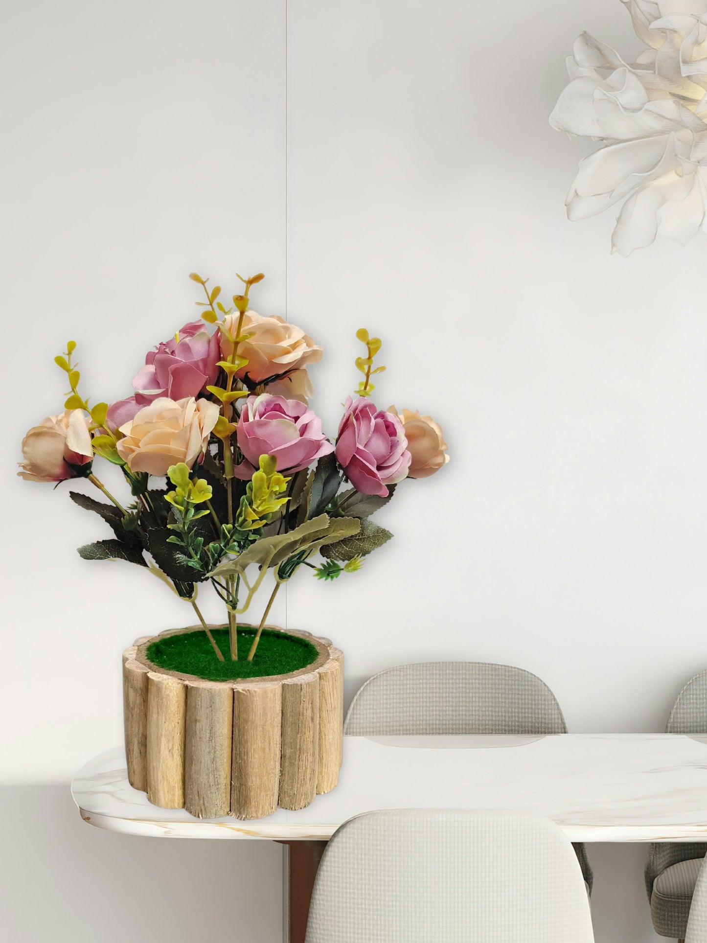 Artificial flowers with wooden pot for decoration for table top, home decor, office decor, rose flowers, artificial plant, craft, gift, combo, pack of 1 piece, Purple, 45 cm height