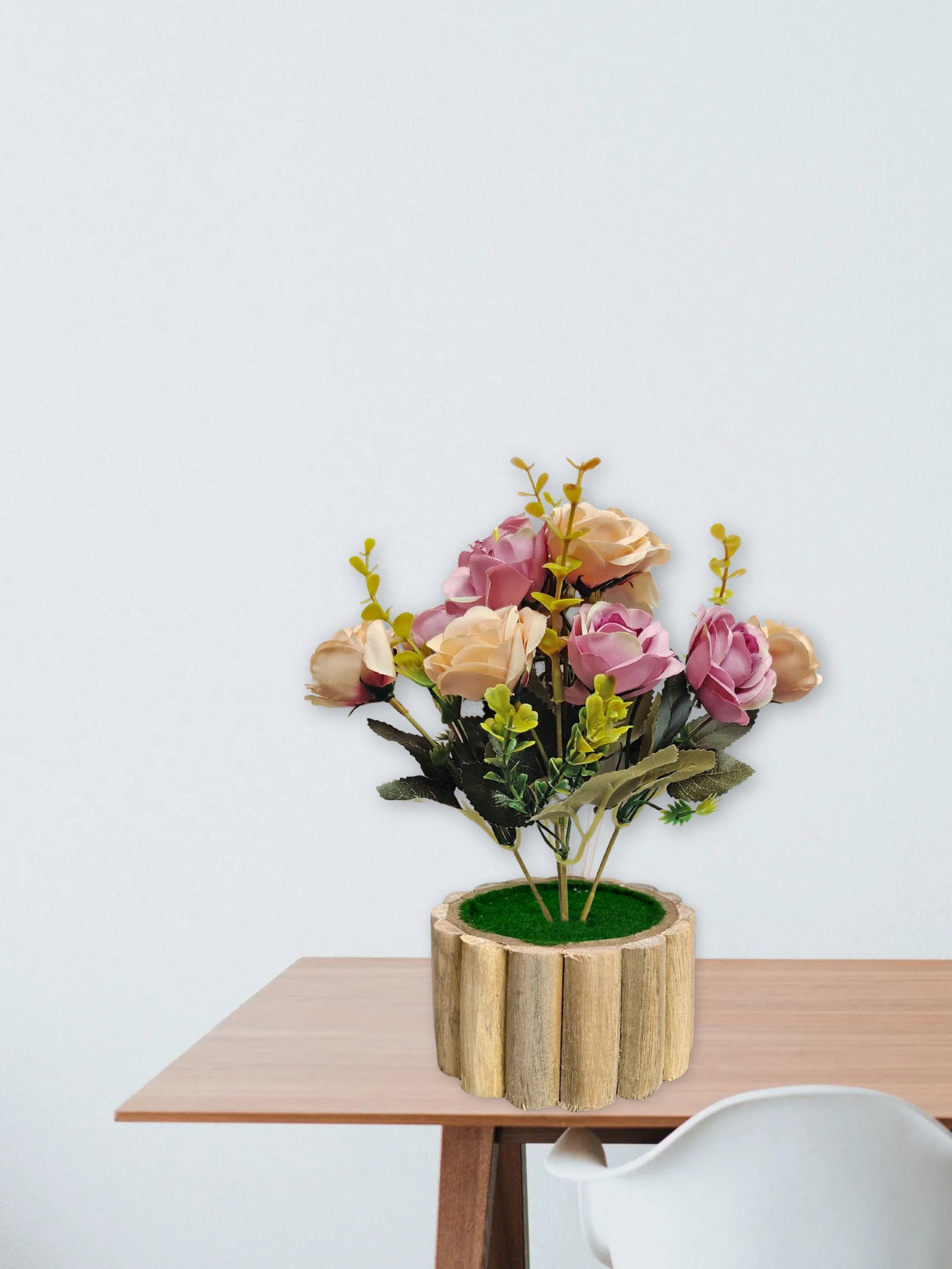 Artificial flowers with wooden pot for decoration for table top, home decor, office decor, rose flowers, artificial plant, craft, gift, combo, pack of 1 piece, Purple, 45 cm height