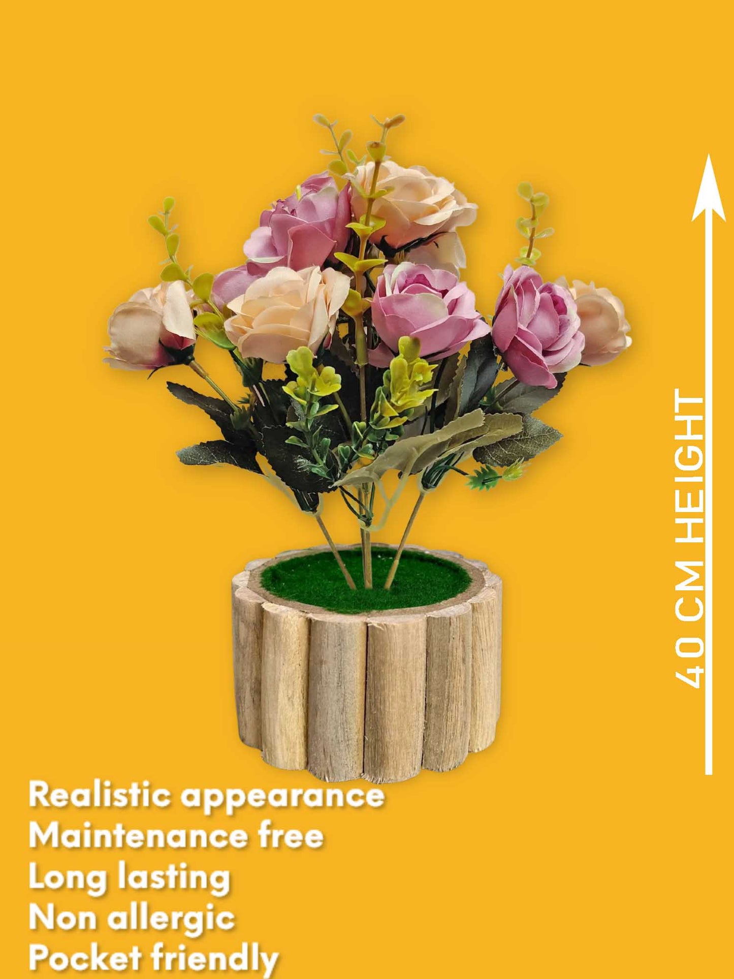 Artificial flowers with wooden pot for decoration for table top, home decor, office decor, rose flowers, artificial plant, craft, gift, combo, pack of 1 piece, Purple, 45 cm height