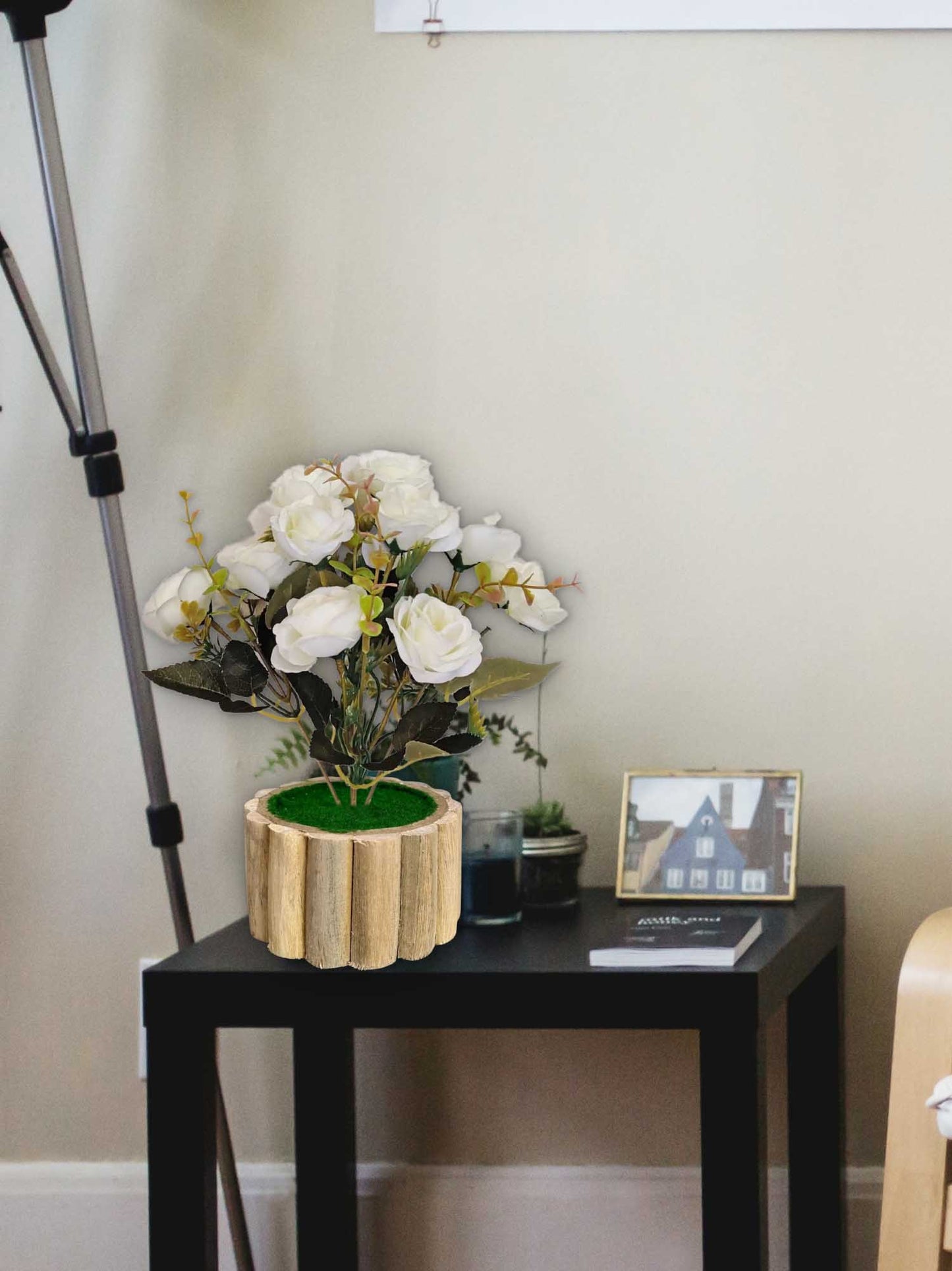 Artificial flowers with wooden pot for decoration for table top, home decor, office decor, rose flowers, artificial plant, craft, gift, combo, pack of 1 piece, White, 45 cm height