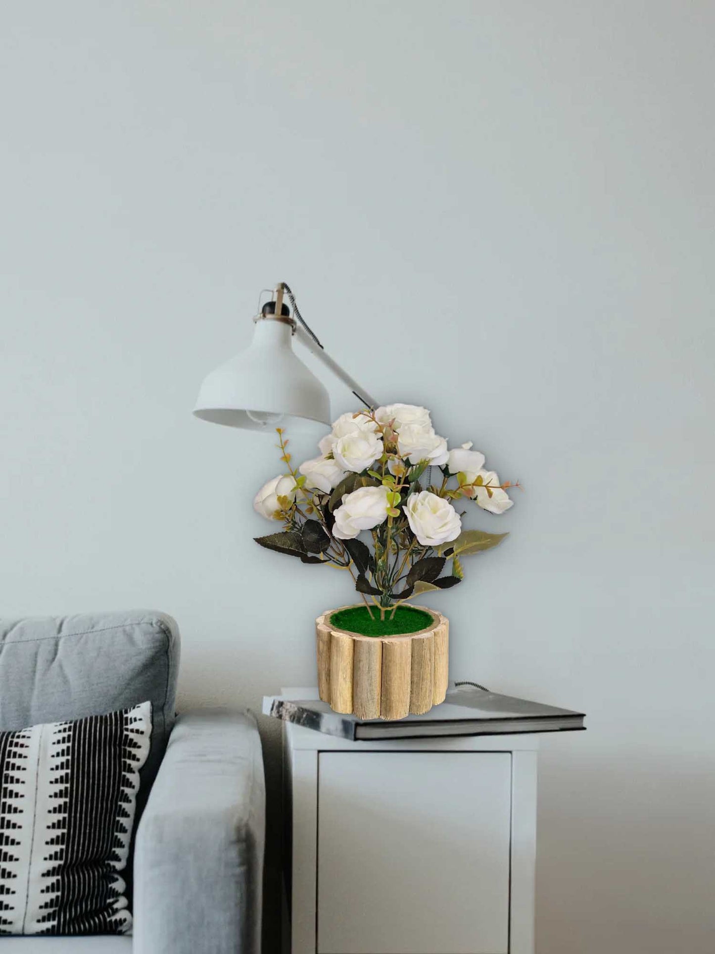 Artificial flowers with wooden pot for decoration for table top, home decor, office decor, rose flowers, artificial plant, craft, gift, combo, pack of 1 piece, White, 45 cm height