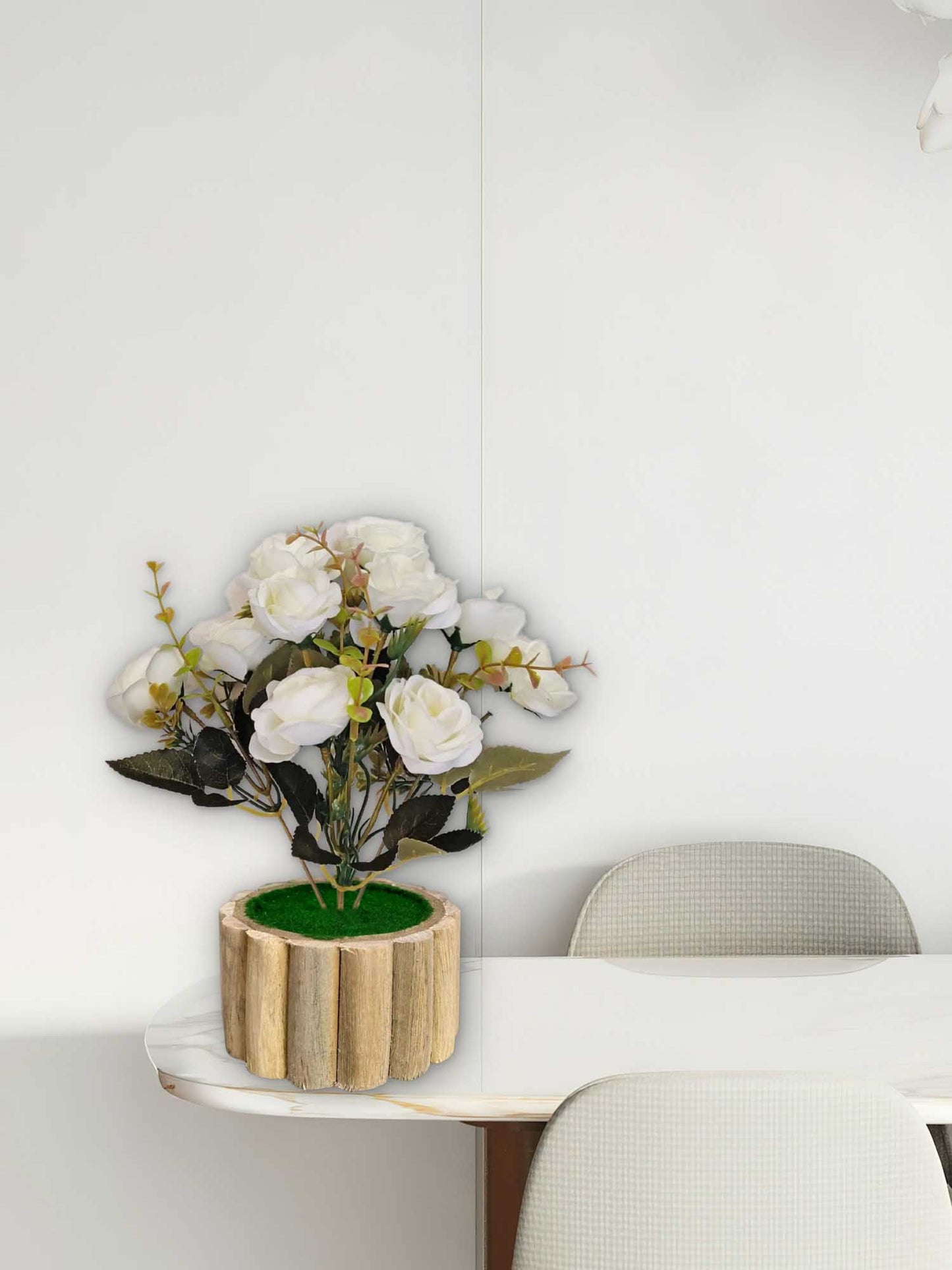 Artificial flowers with wooden pot for decoration for table top, home decor, office decor, rose flowers, artificial plant, craft, gift, combo, pack of 1 piece, White, 45 cm height