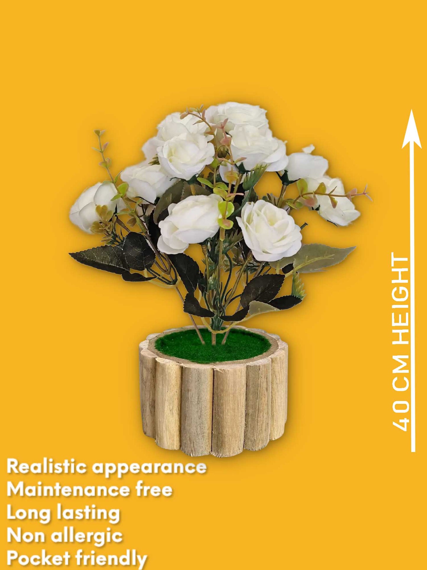 Artificial flowers with wooden pot for decoration for table top, home decor, office decor, rose flowers, artificial plant, craft, gift, combo, pack of 1 piece, White, 45 cm height