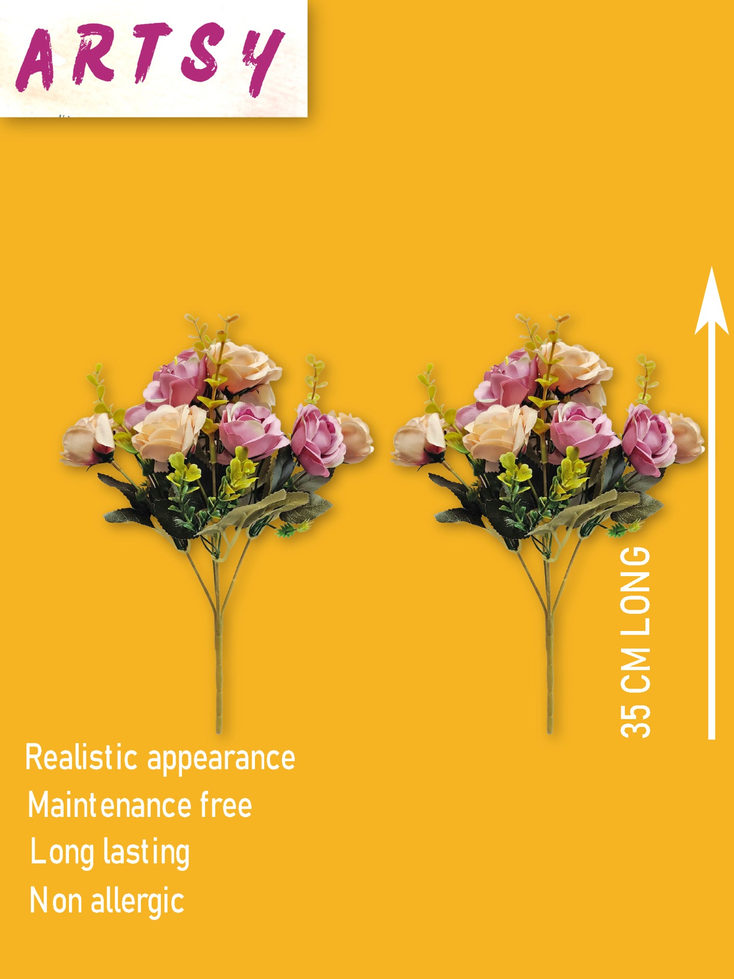 Artificial Flowers for decoration peony rose flower bunch for vase/pot, home/office decor, gift, artificial plant, Craft, Without Vase, Pack of 2 piece, Purple, 35 cm height