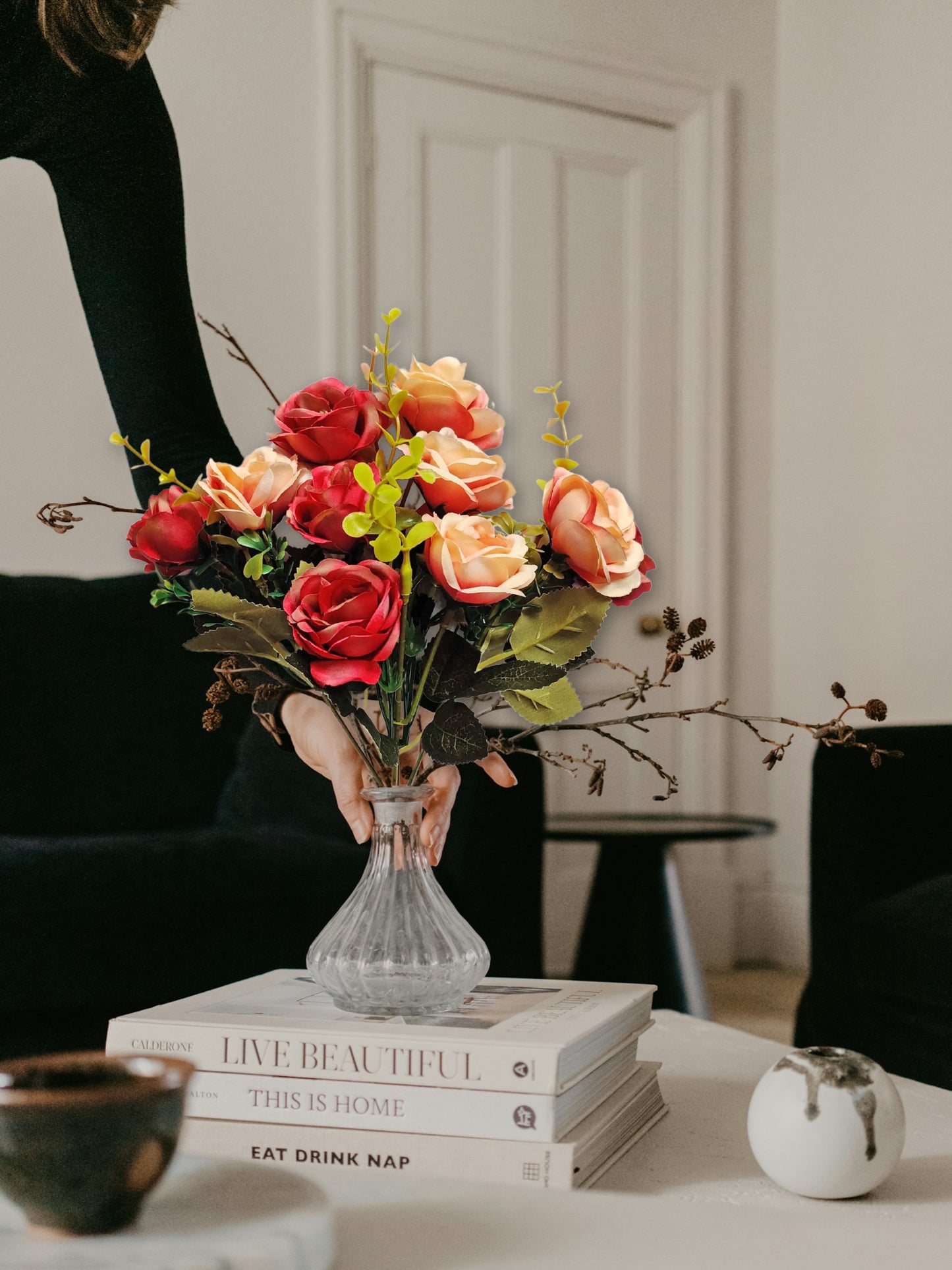 Artificial Flowers for decoration peony rose flower bunch for vase/pot, home/office decor, gift, artificial plant, Craft, Without Vase, Pack of 1 piece, maroon