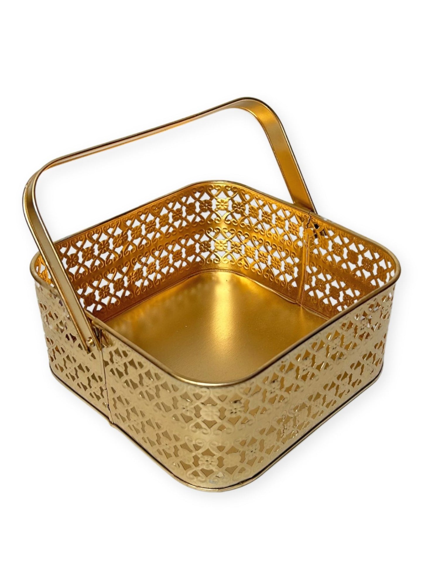 Multipurpose Decorative Metal Basket with Foldabale Handle for storage, organizer, gift, DIY craft, Square, Golden, 1 piece