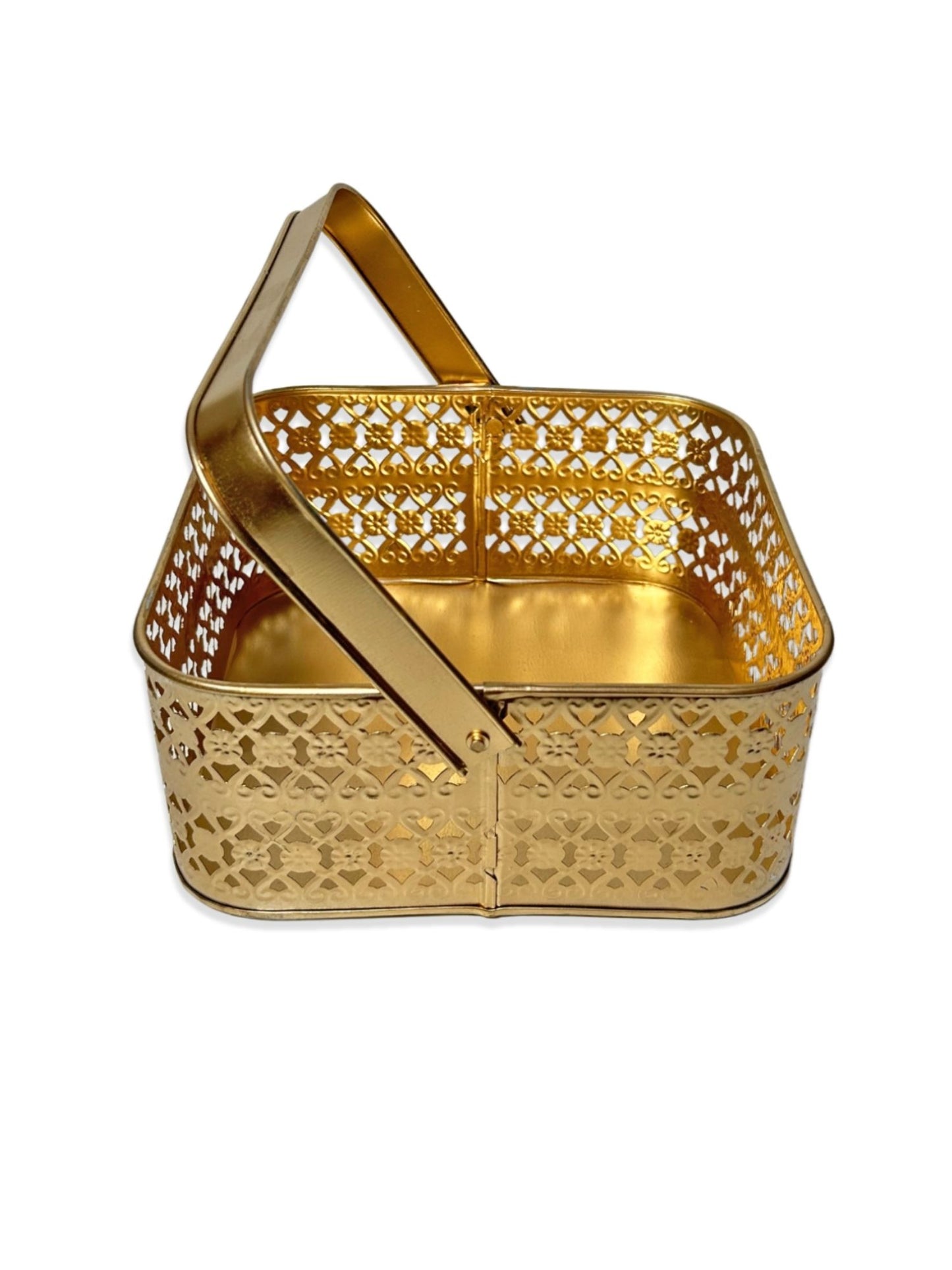 Multipurpose Decorative Metal Basket with Foldabale Handle for storage, organizer, gift, DIY craft, Square, Golden, 1 piece