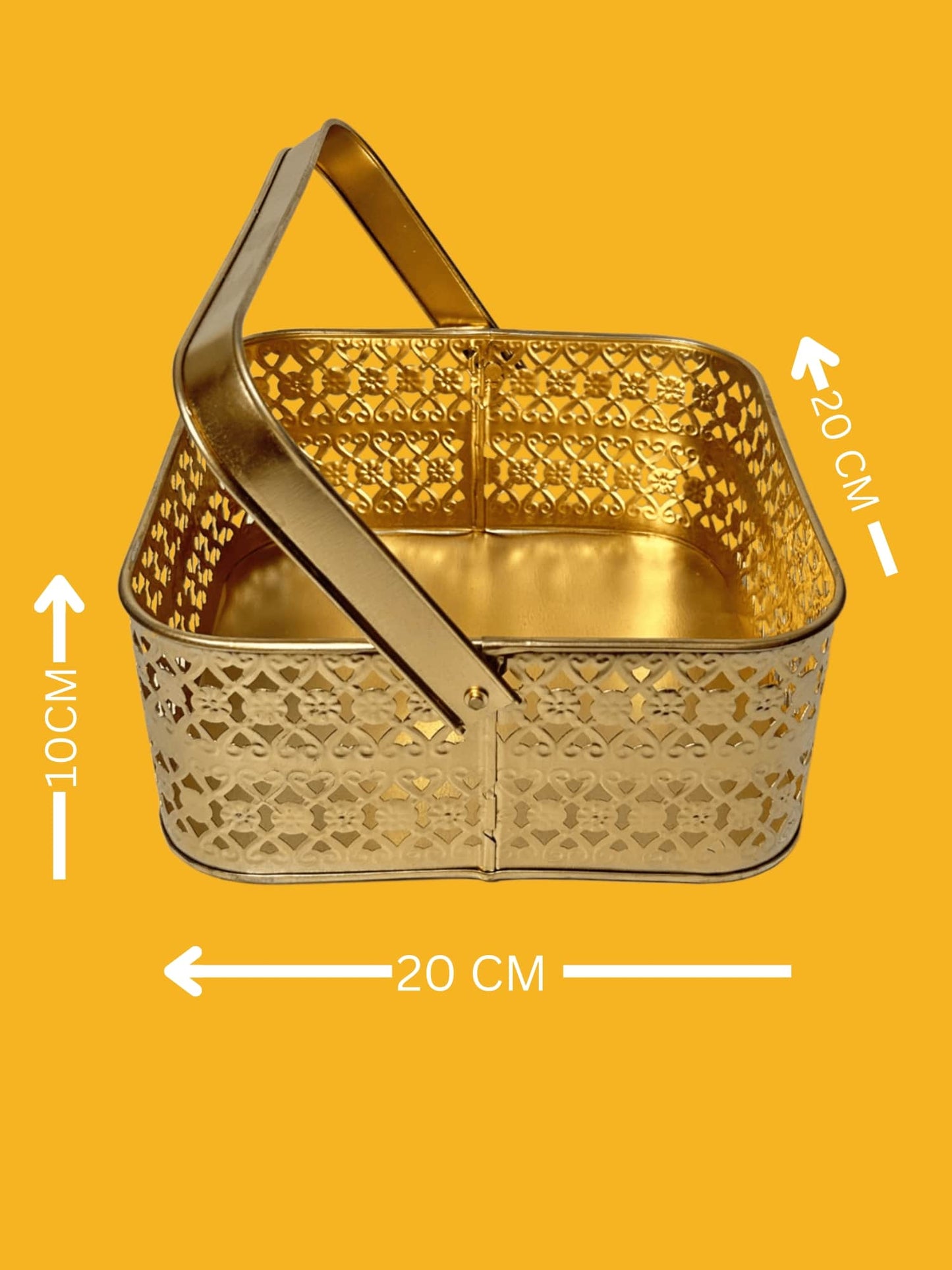 Multipurpose Decorative Metal Basket with Foldabale Handle for storage, organizer, gift, DIY craft, Square, Golden, 1 piece