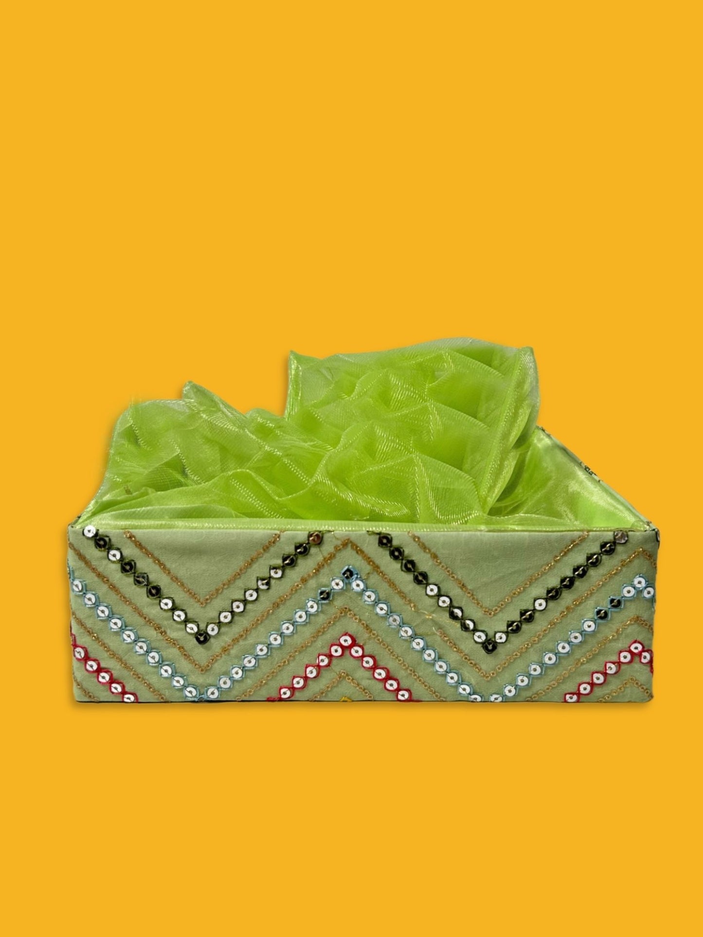 Handcrafted multipurpose Decorative Gift Box/Basket With Fabric Embellishments, Used For Storage organiser, Gift hamper decoration, Green