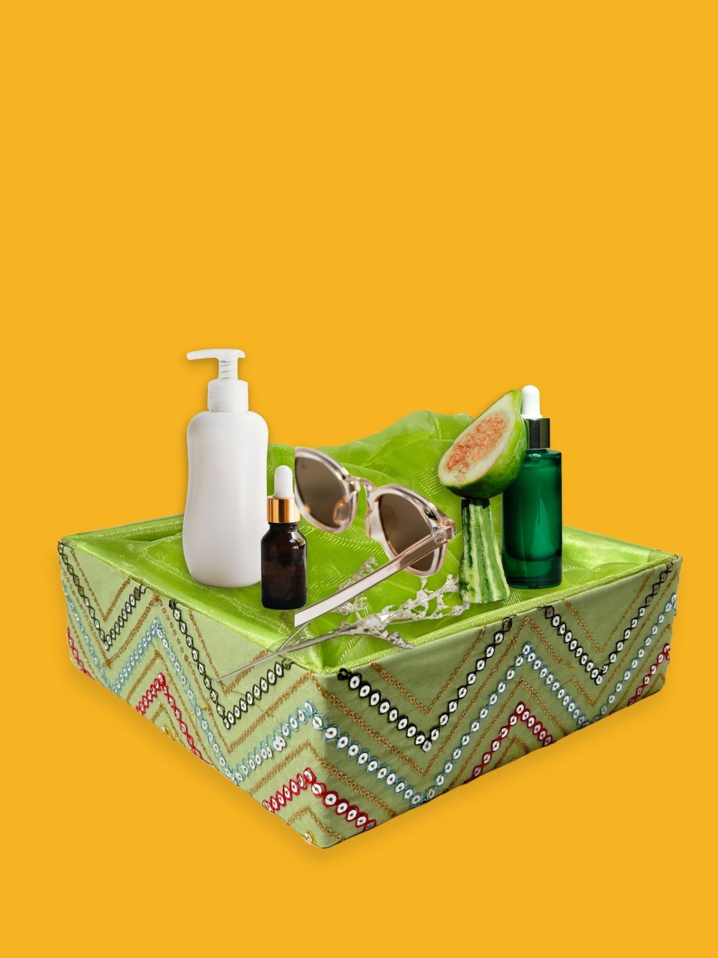 Handcrafted multipurpose Decorative Gift Box/Basket With Fabric Embellishments, Used For Storage organiser, Gift hamper decoration, Green
