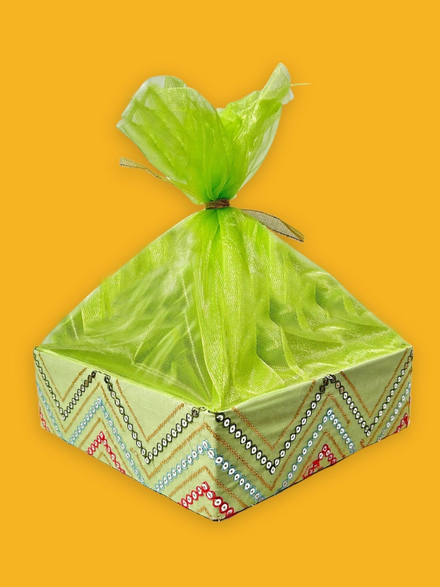 Handcrafted multipurpose Decorative Gift Box/Basket With Fabric Embellishments, Used For Storage organiser, Gift hamper decoration, Green