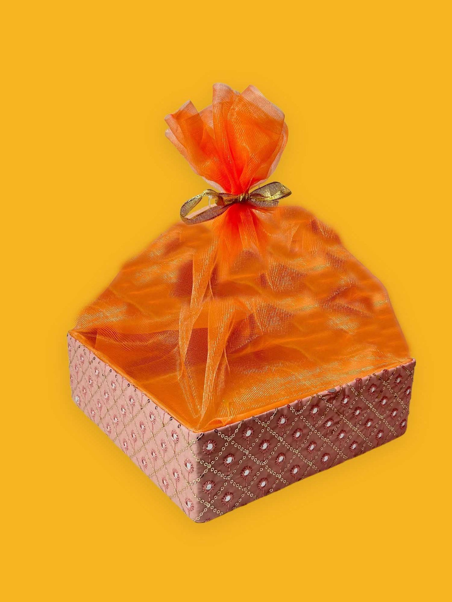Handcrafted multipurpose Decorative Gift Box/Basket With Fabric Embellishments, Used For Storage organiser, Gift hamper decoration, Orange