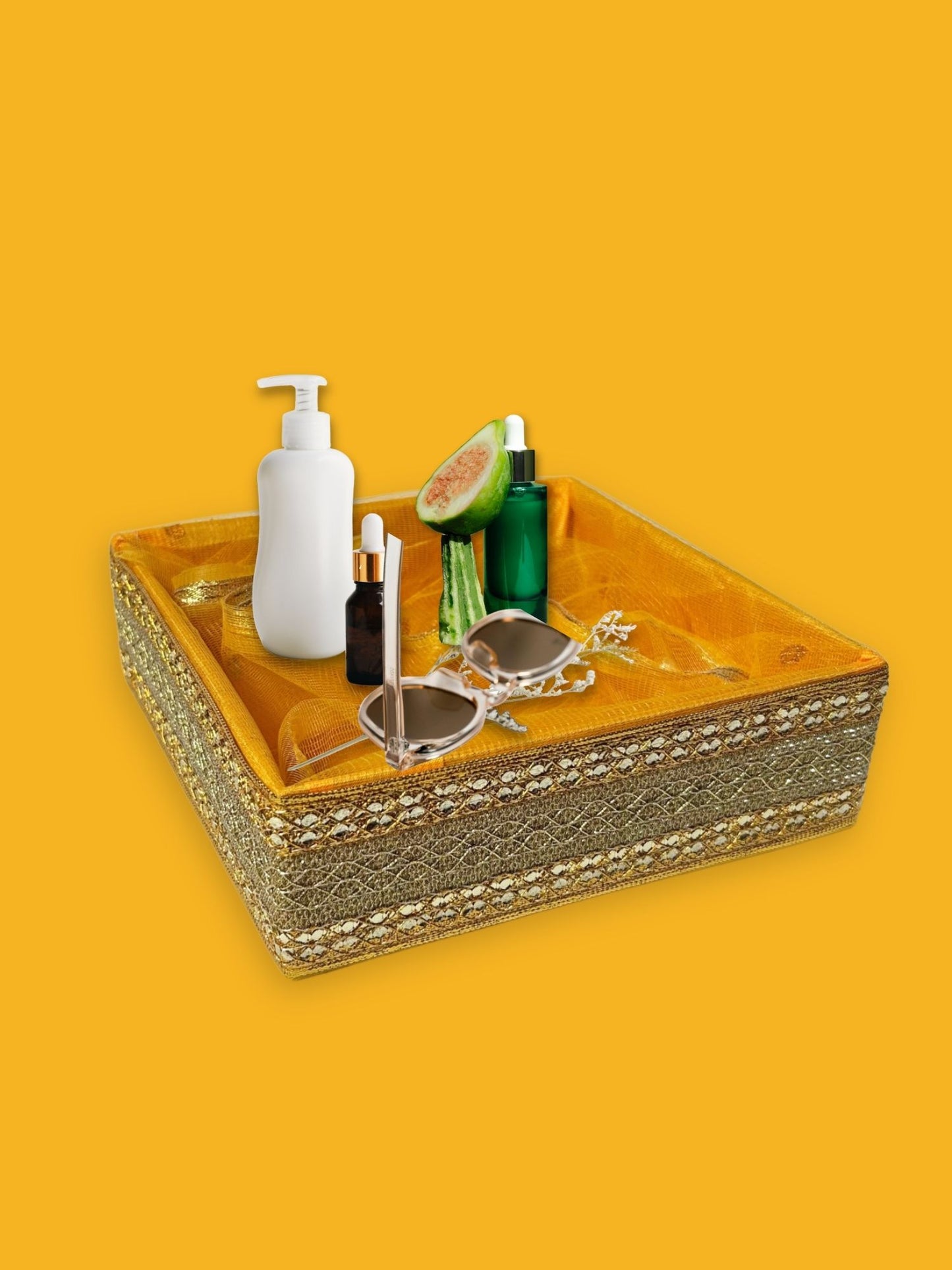 Handcrafted Decorative Gift Box/Basket With Fabric Embellishments, Used For Storage organiser, Gift hamper decoration, multipurpose, Yellow