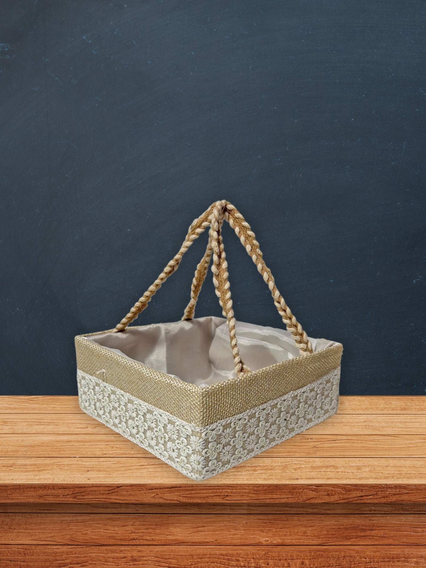 Handcrafted Decorative Gift Box/Basket With Fabric Embellishments, Used For Storage organiser, Gift hamper decoration, multipurpose, Handle support, Cream