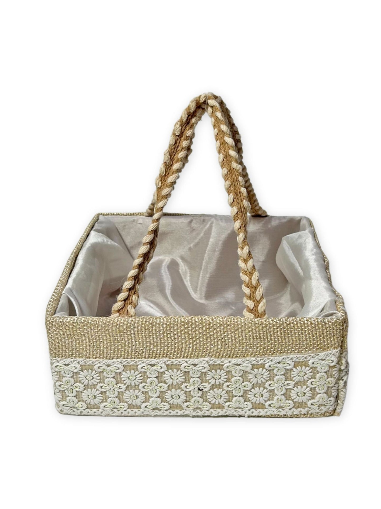 Handcrafted Decorative Gift Box/Basket With Fabric Embellishments, Used For Storage organiser, Gift hamper decoration, multipurpose, Handle support, Cream