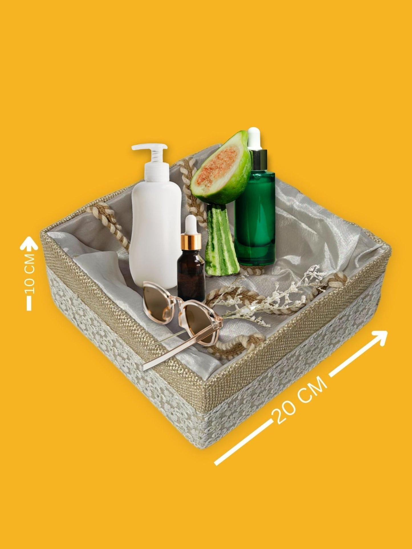 Handcrafted Decorative Gift Box/Basket With Fabric Embellishments, Used For Storage organiser, Gift hamper decoration, multipurpose, Handle support, Cream