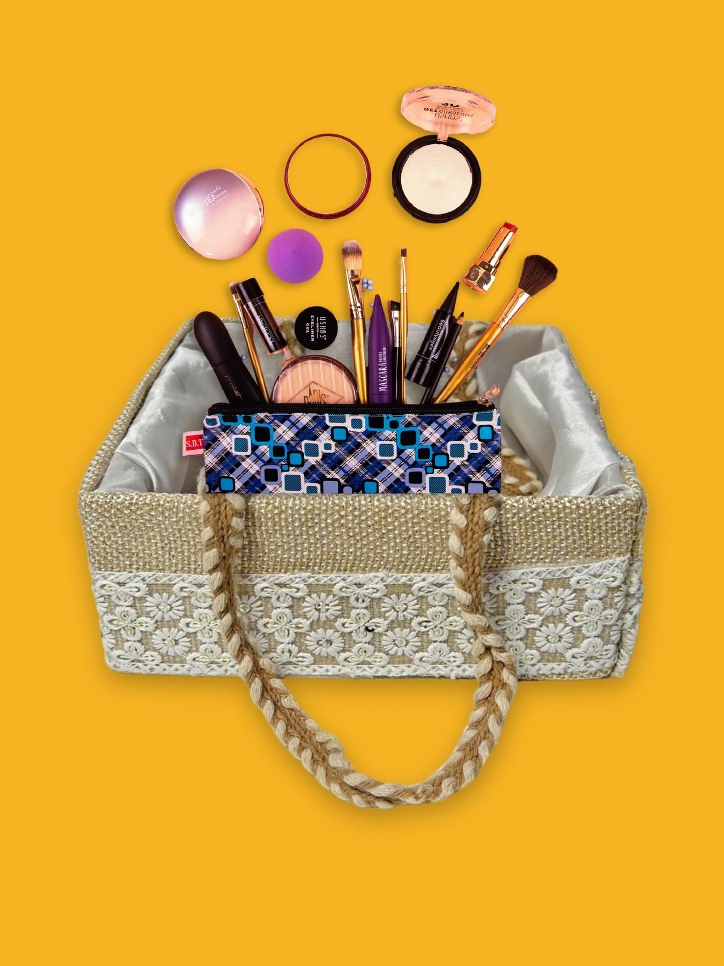 Handcrafted Decorative Gift Box/Basket With Fabric Embellishments, Used For Storage organiser, Gift hamper decoration, multipurpose, Handle support, Cream