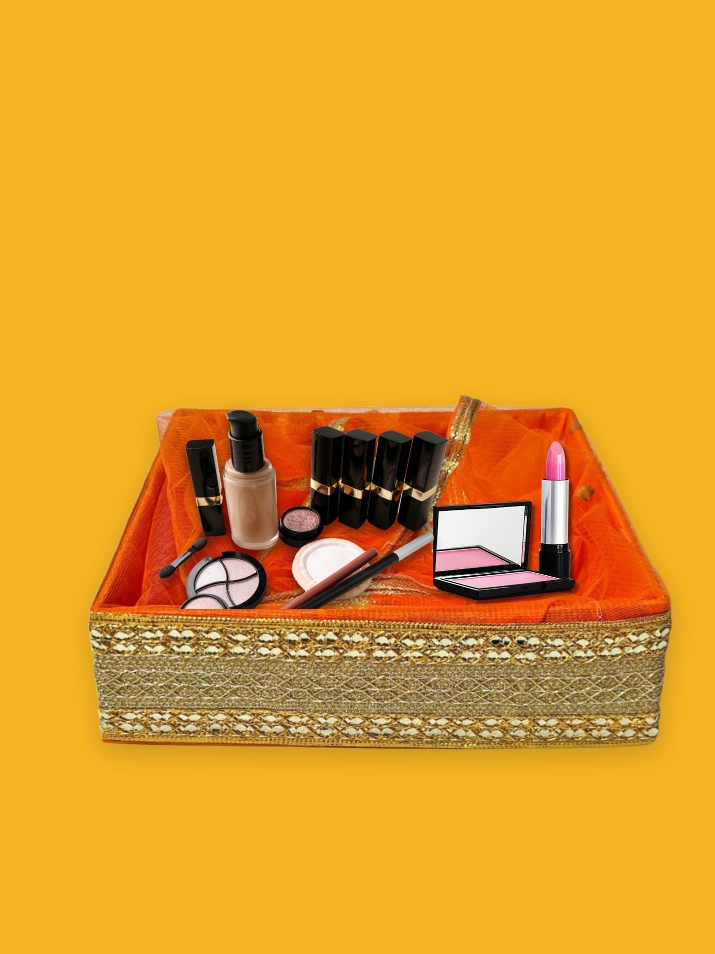 Handcrafted Decorative Gift Box/Basket With Fabric Embellishments, Used For Storage organiser, Gift hamper decoration, multipurpose, Orange