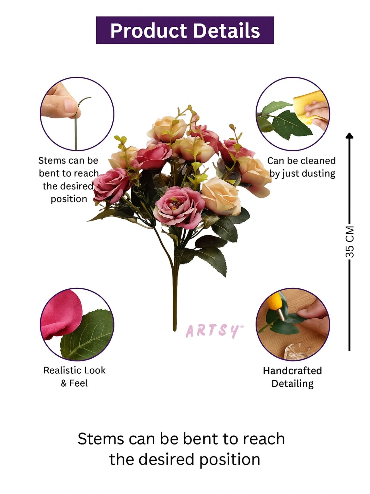 Elegant Faux Rose Flower Arrangement for Home & Office – Pack of 1, Multi