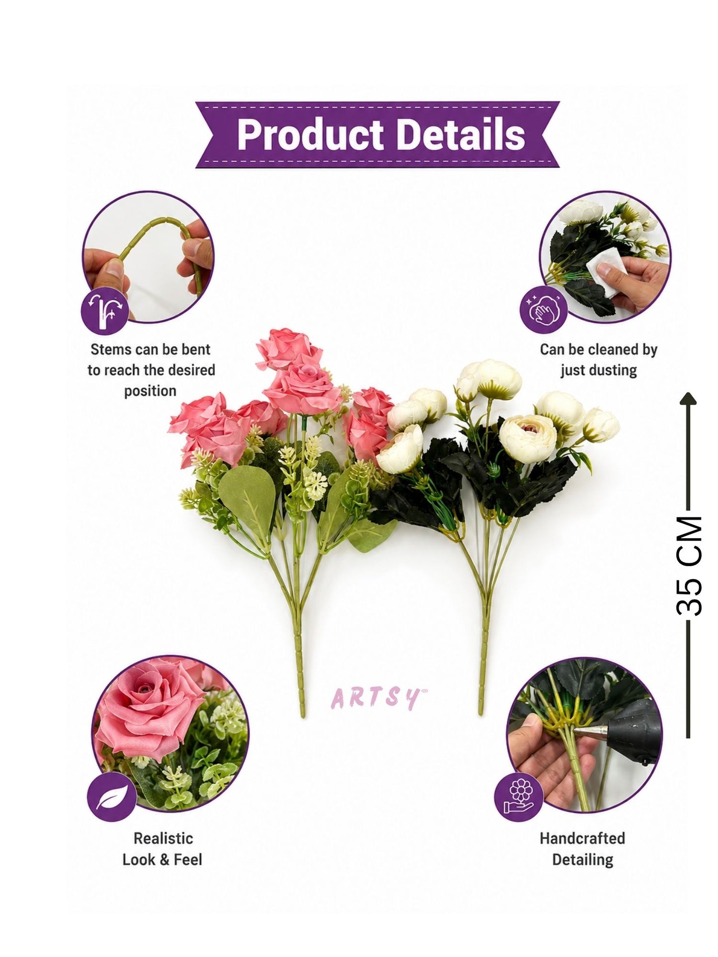 ARTSY Artificial Rose & Peony Flower Bunch Combo | Realistic Silk Flowers for Home Decoration, Living Room, Office, Wedding & Table Decor | Pack of 2
