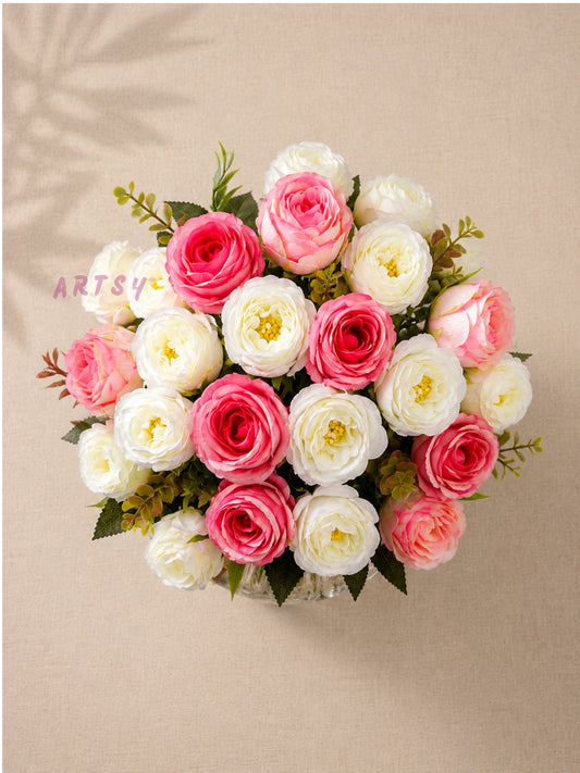 ARTSY Artificial Rose Flower Bunch (Pack of 2) | Real Touch Faux Flowers for Home Décor, Living Room, Office, Wedding, Vase Arrangement & Table Centerpiece | Pink & White