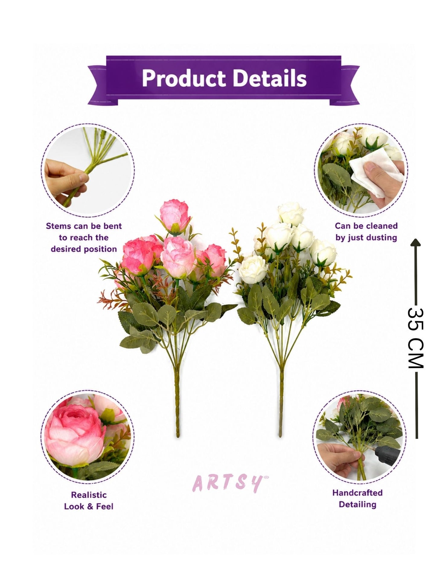 ARTSY Artificial Rose Flower Bunch (Pack of 2) | Real Touch Faux Flowers for Home Décor, Living Room, Office, Wedding, Vase Arrangement & Table Centerpiece | Pink & White