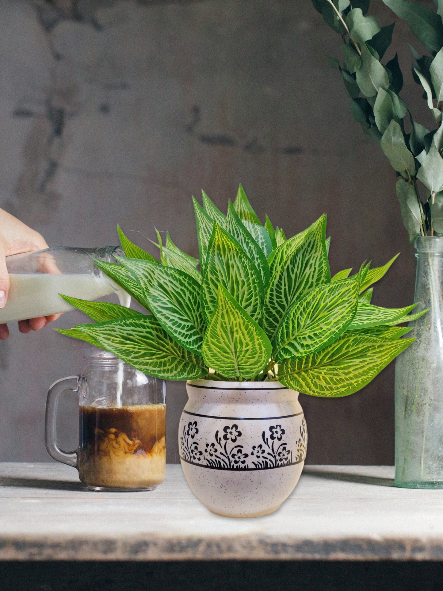 ARTSY Evergreen Elegance: Lifelike Artificial Plants for Timeless Interior Decor. Pack of 2 Pieces, Leaf Bunch for Home Decoration, for Vase, Without Vase, White green