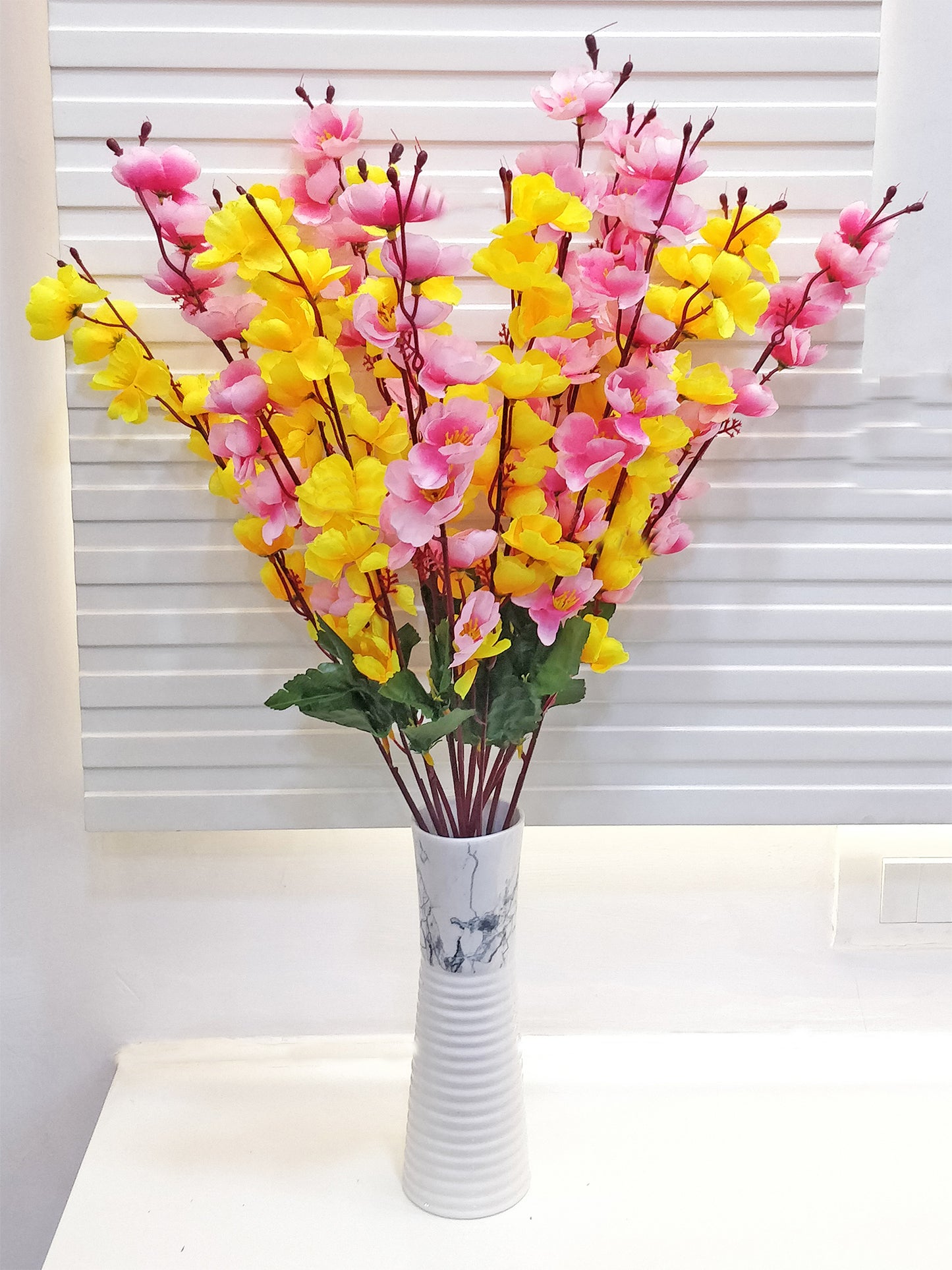 ARTSY® Artificial Flowers For Home Decoration Cherry Blossom Flower Bunch For Vase, Office Decor, Without VASE, Combo (Yellow light pink , Pack of 2 Pieces)