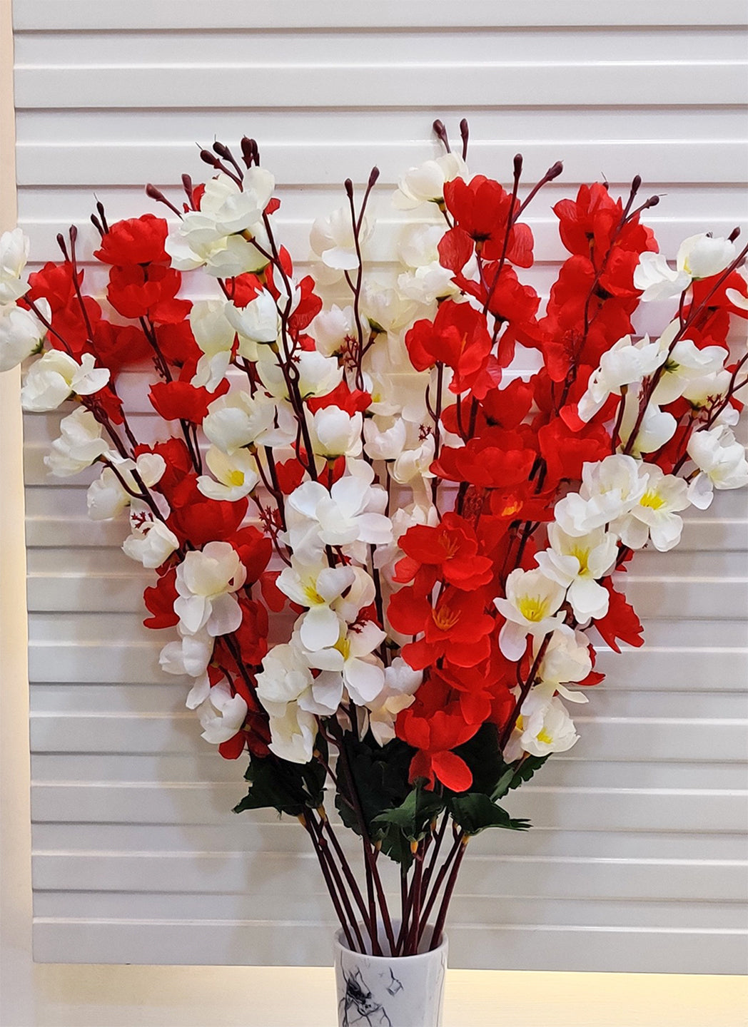 ARTSY® Artificial Flowers For Home Decoration Cherry Blossom Flower Bunch For Vase Office Decor | Without vase | Combo (White Red, Pack of 2 pieces)