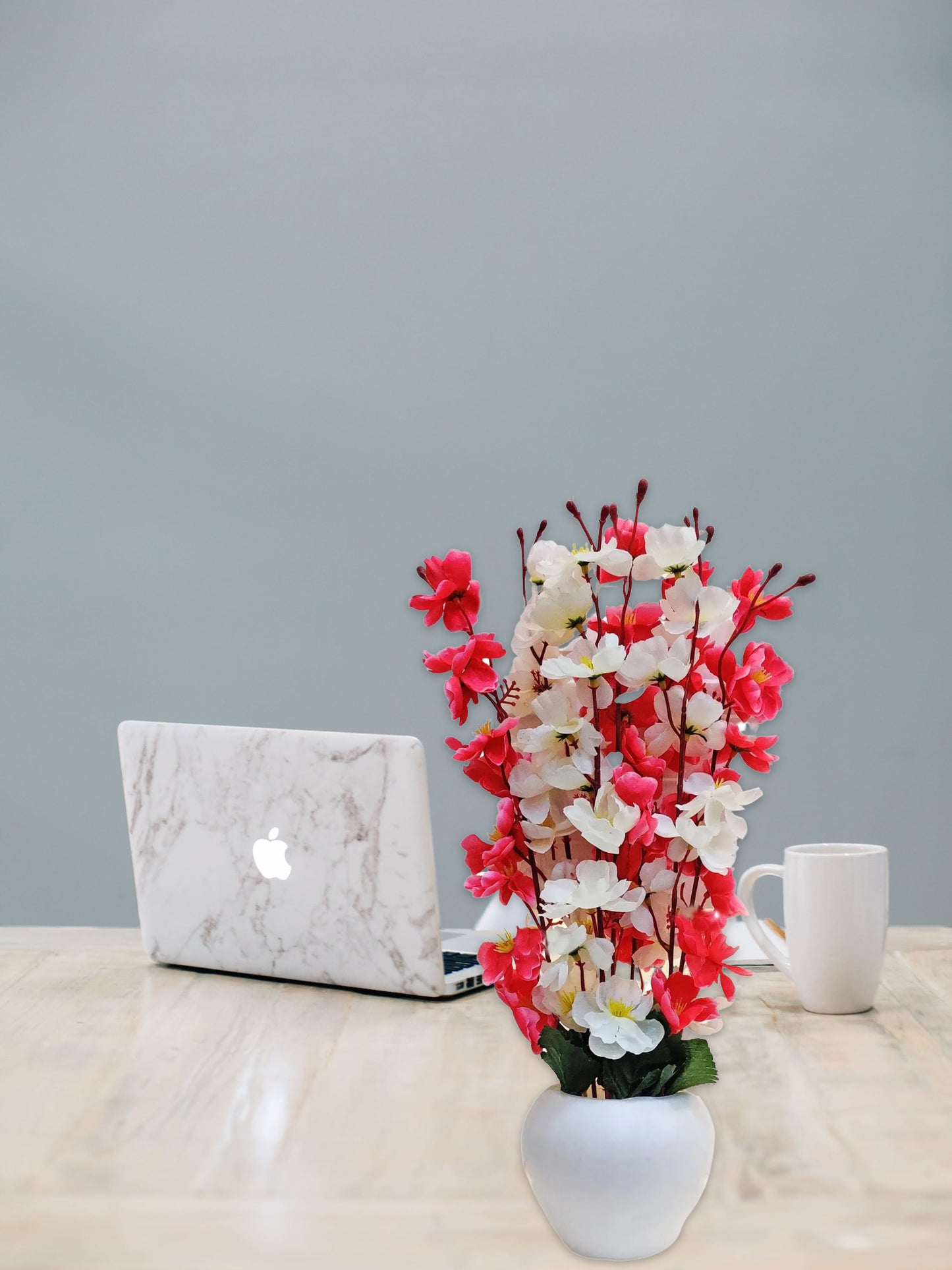 ARTSY® Artificial Flowers With Pot For Home Decoration, Office Decor Cherry Blossom combo, Maroon, White, 1 Piece