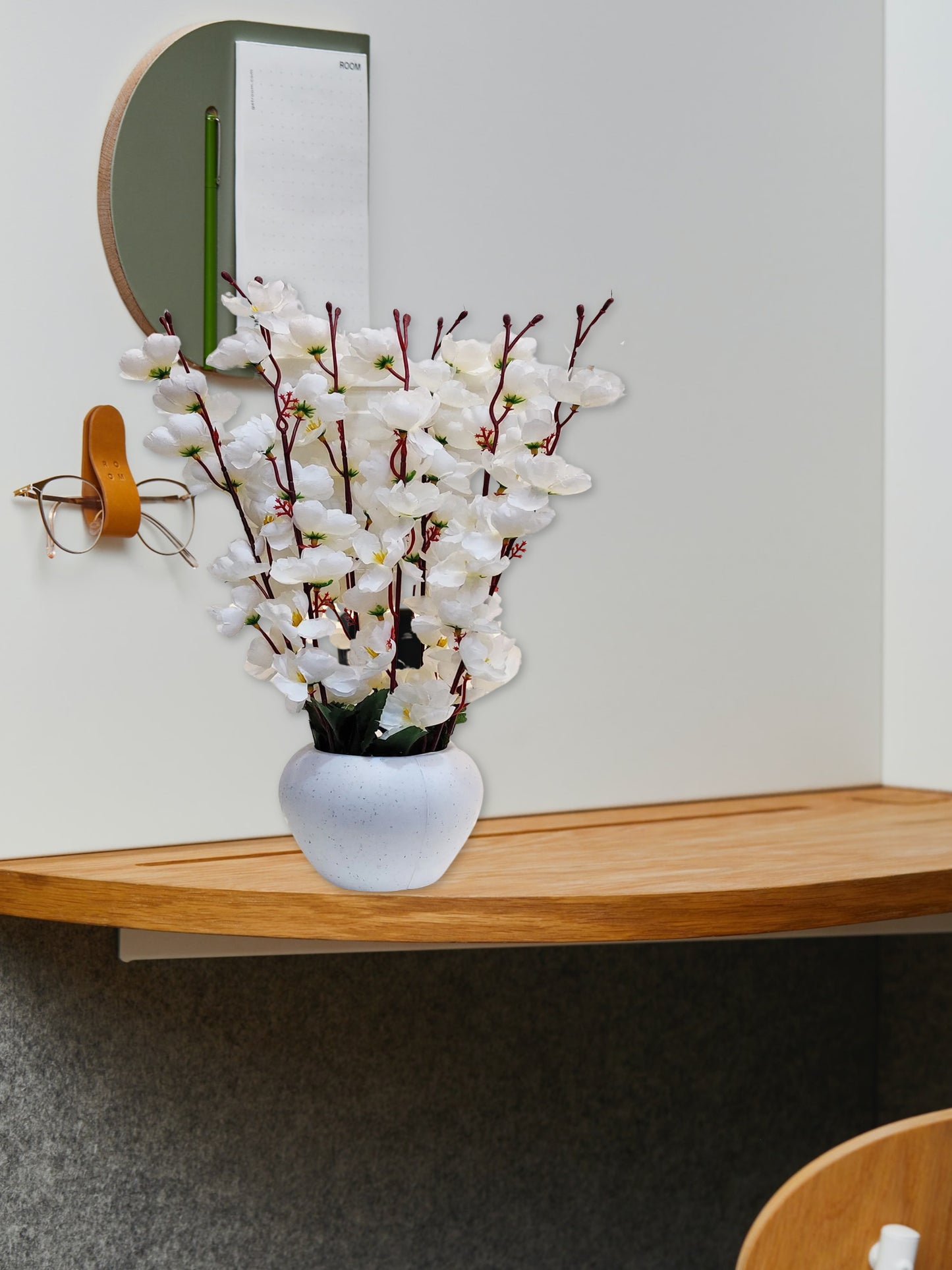 ARTSY® Artificial Flowers With Pot For Home Decoration, Office Decor Cherry Blossom combo, White, 1 Piece