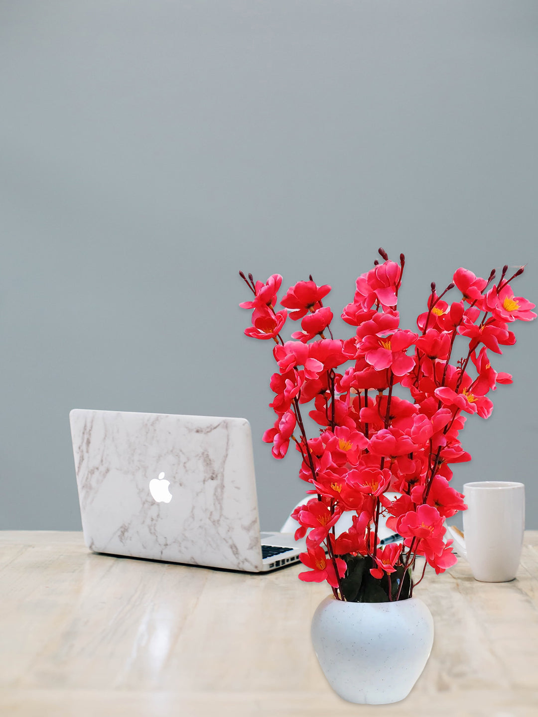 ARTSY® Artificial Flowers With Pot For Home Decoration, Office Decor Cherry Blossom combo, Maroon, 1 Piece