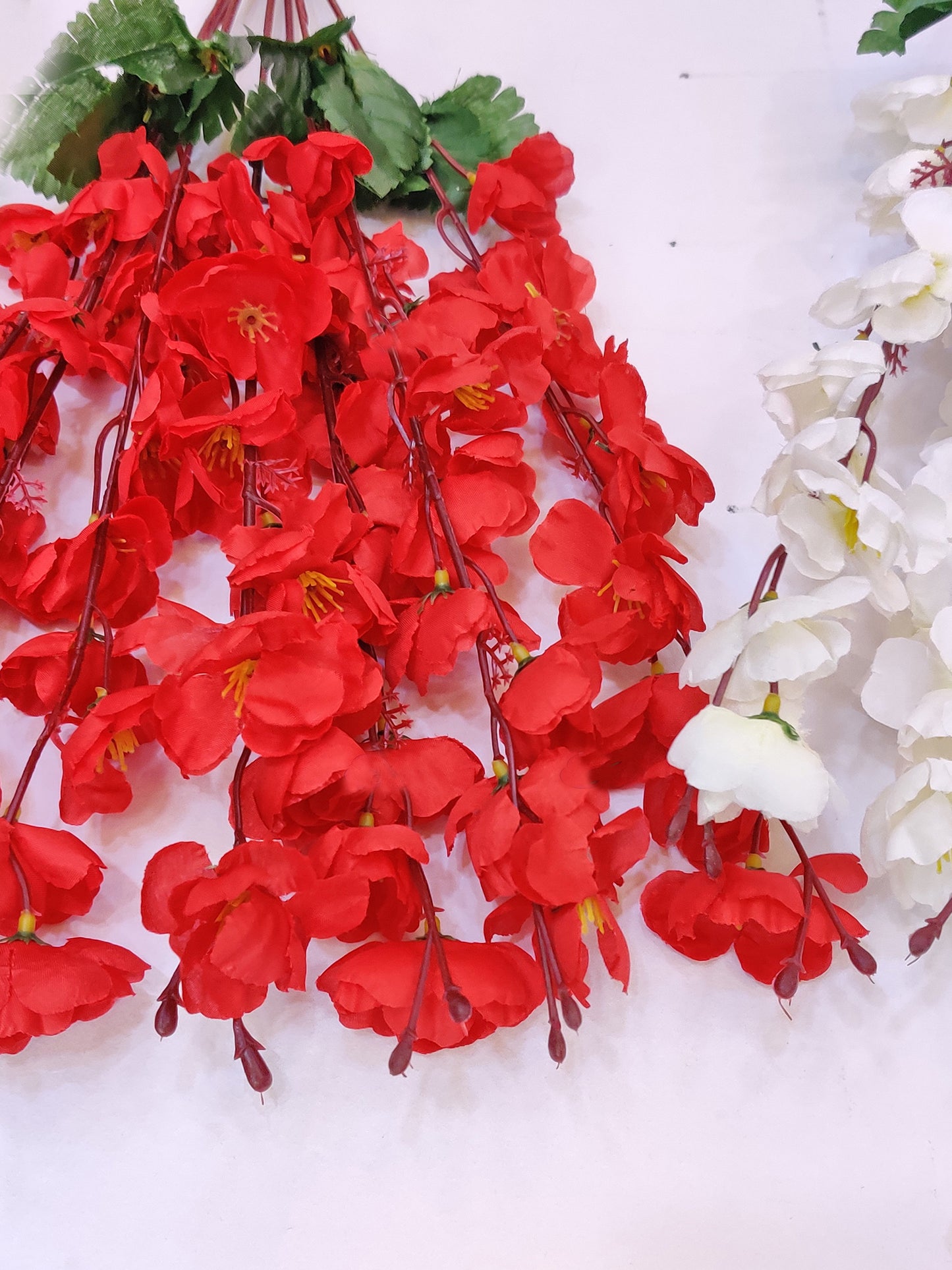 ARTSY® Artificial Flowers For Home Decoration Cherry Blossom Flower Bunch For Vase Office Decor | Without vase | Combo (White Red, Pack of 2 pieces)