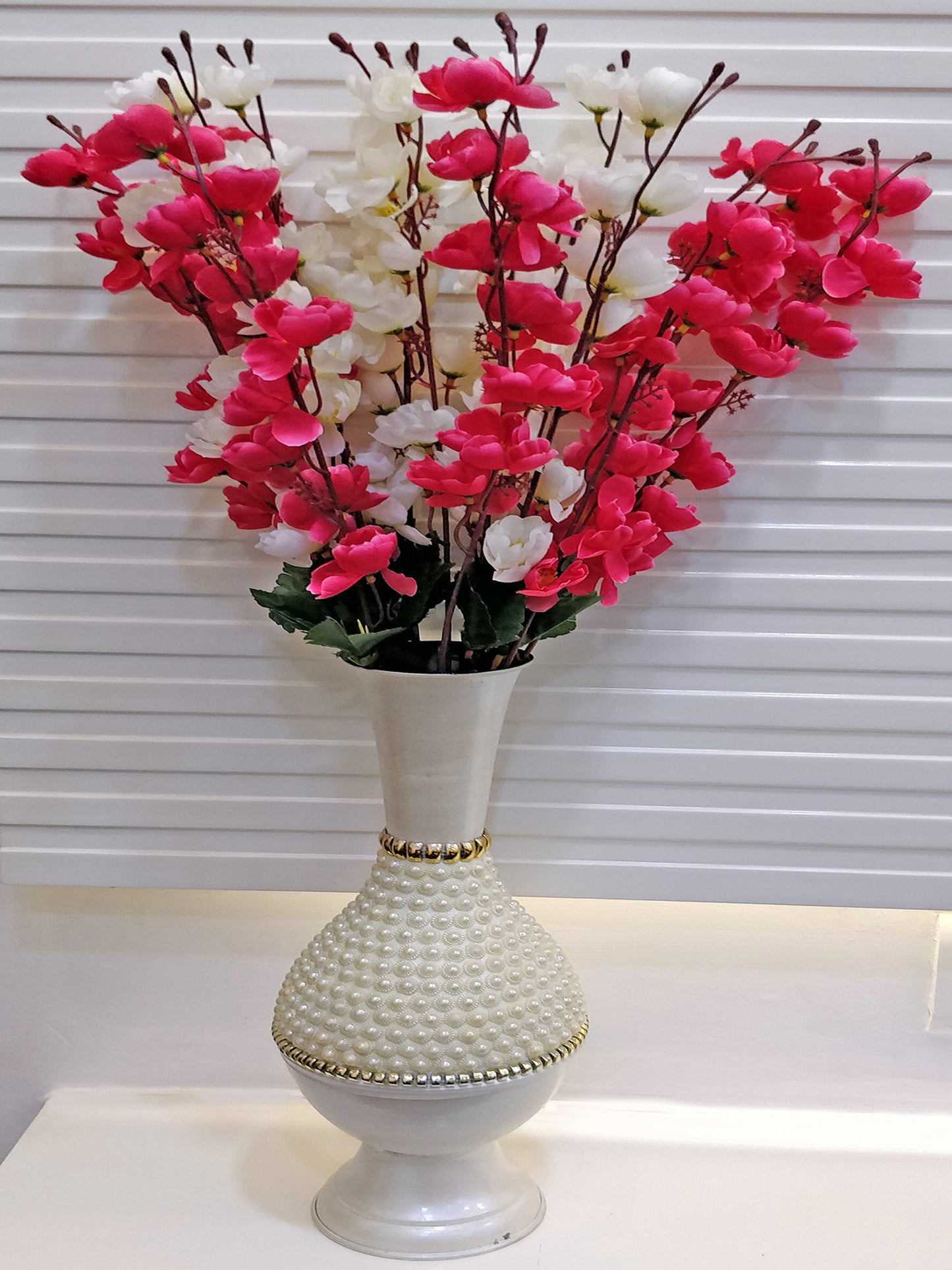 ARTSY® Artificial Flowers For Home Decoration Cherry Blossom Flower Bunch For Vase , Office Decor, Without VASE, Combo ( White Pink , Pack of 2 Pieces)