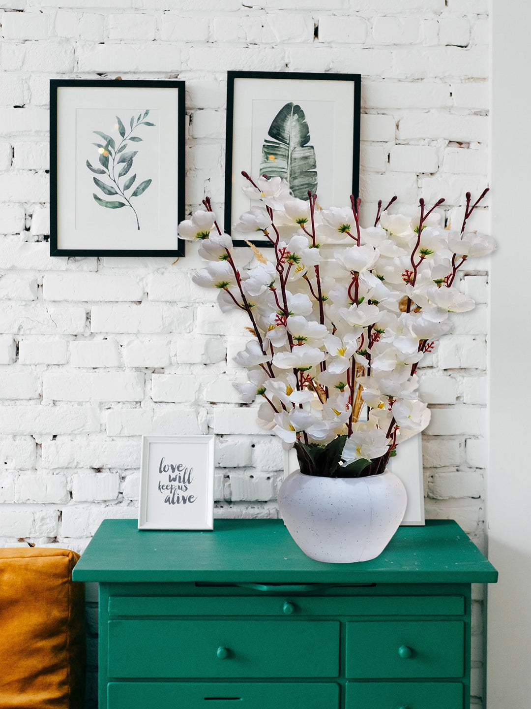 ARTSY® Artificial Flowers With Pot For Home Decoration, Office Decor Cherry Blossom combo, White, 1 Piece