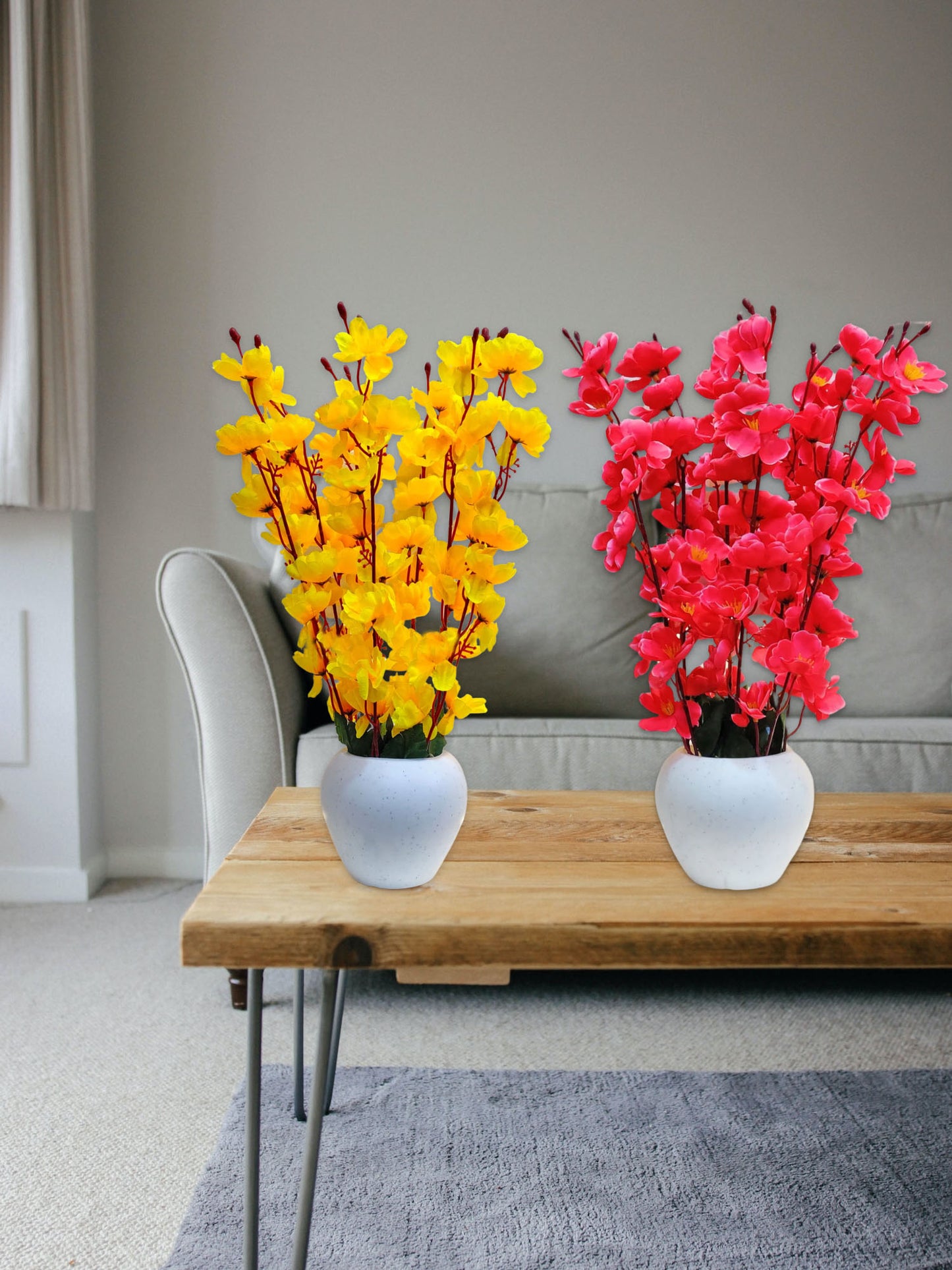 ARTSY® Artificial Flowers With Pot For Home Decoration, Office Decor Cherry Blossom combo, Maroon, Yellow, Pack of 2 Pieces.