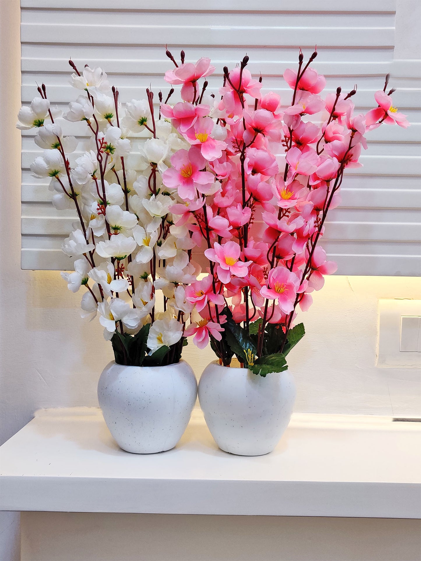 ARTSY® Artificial Flowers With Pot For Home Decoration, Office Decor Cherry Blossom combo, White, Light Pink, Pack of 2 Pieces.