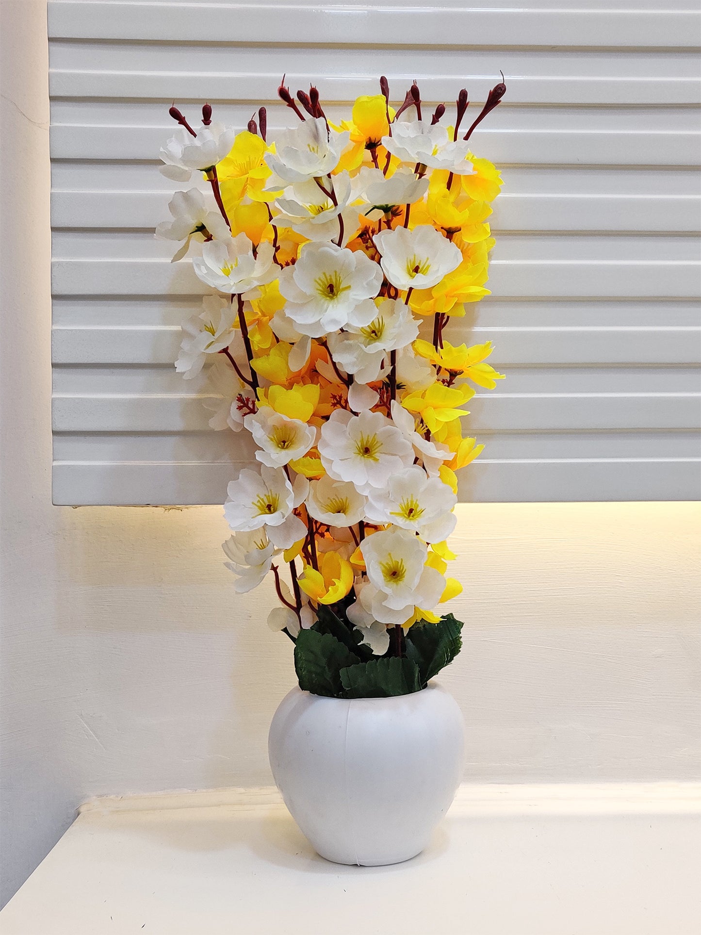 ARTSY® Artificial Flowers With Pot For Home Decoration, Office Decor Cherry Blossom combo, Yellow, White, 1 Piece