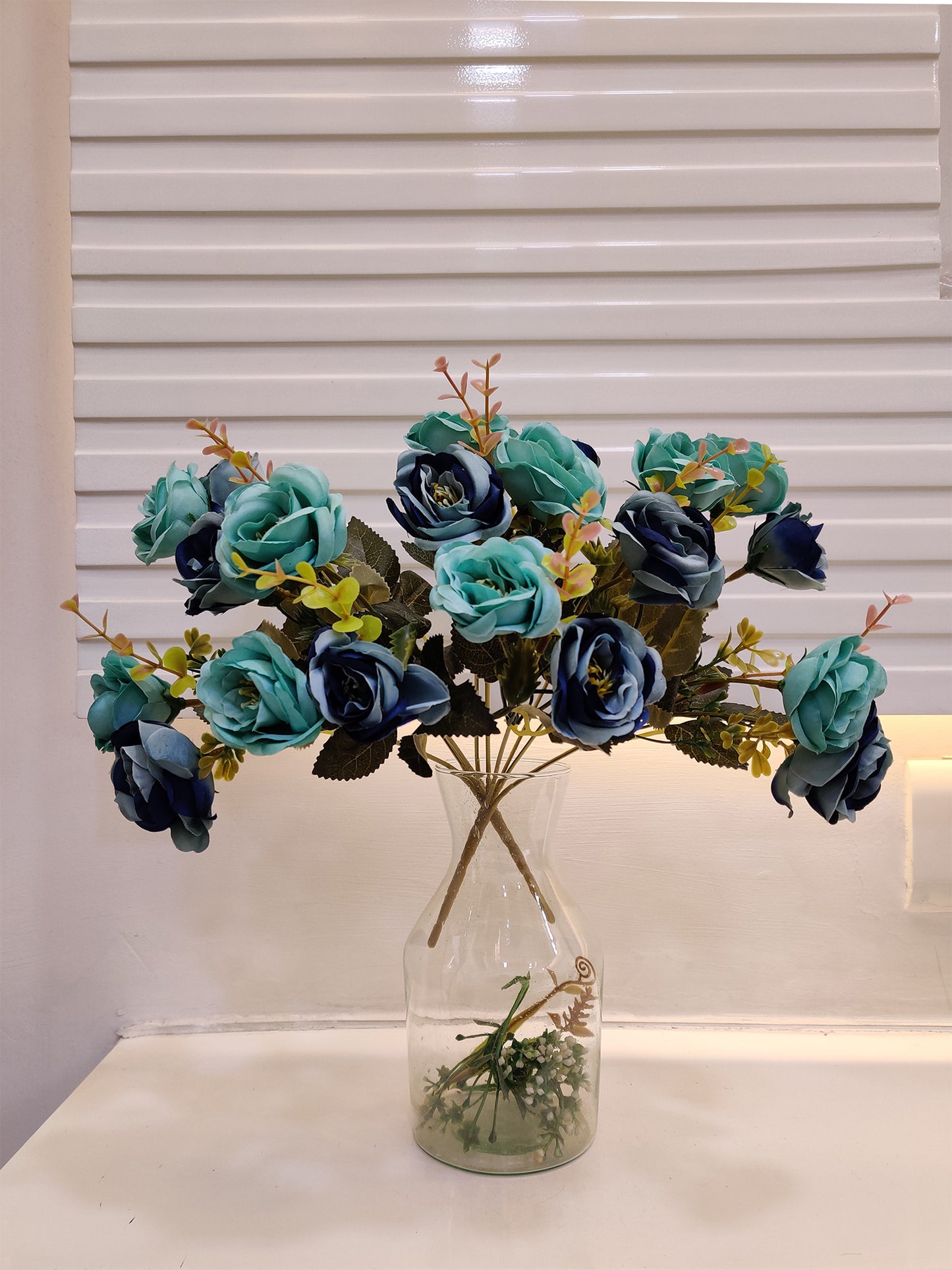 Artificial Flowers for decoration peony rose flower bunch for vase/pot, home/office decor, gift, artificial plant, Craft, Without Vase, Pack of 2 piece, blue, 35 cm height