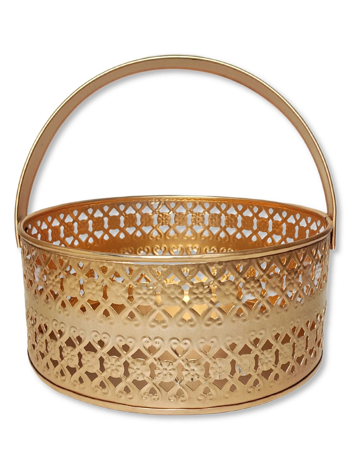 Multipurpose Decorative Metal Basket with Foldabale Handle for pooja storage, organizer, gift, DIY craft, Golden, 1 piece
