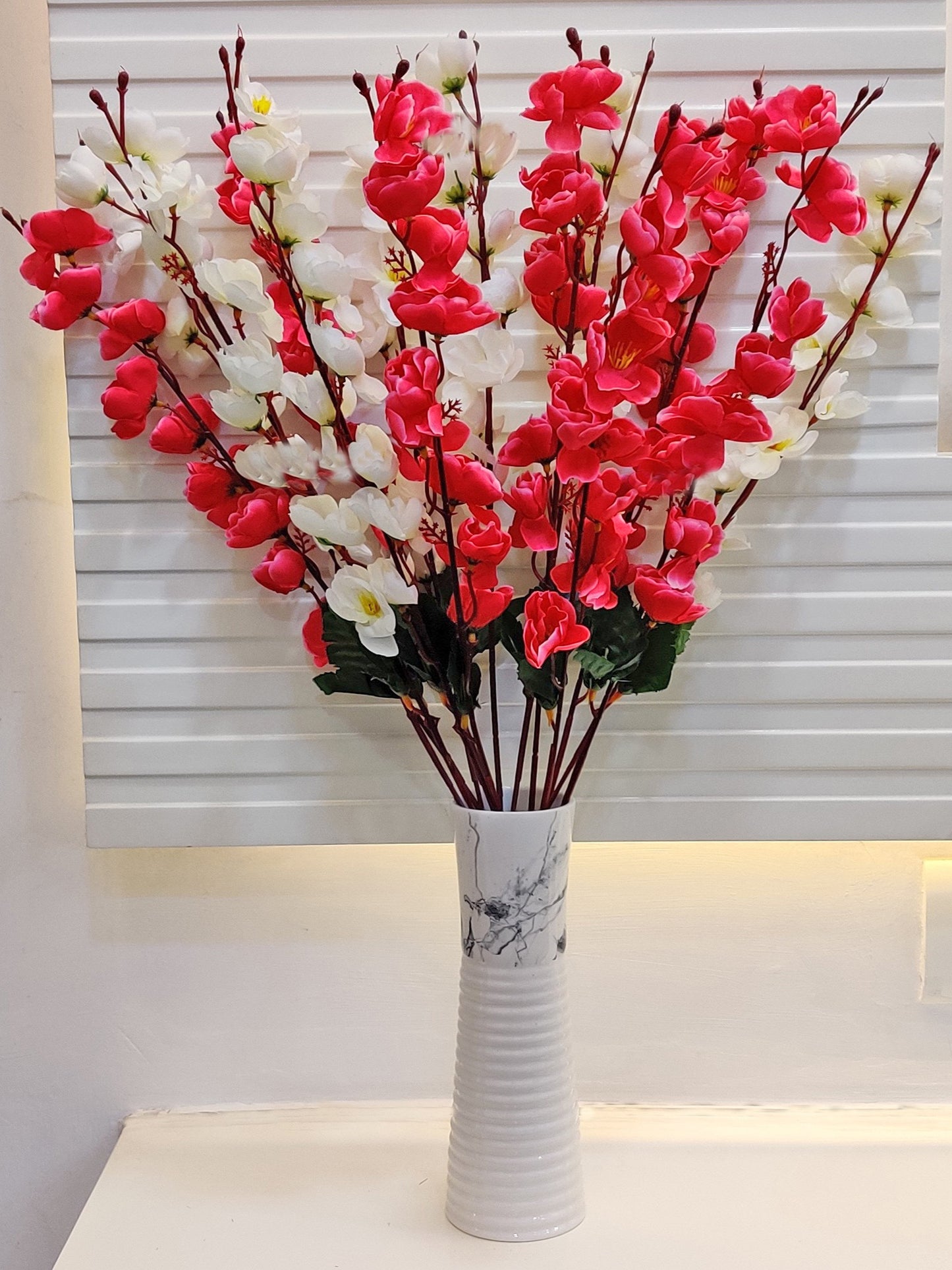 ARTSY® Artificial Flowers For Home Decoration Cherry Blossom Flower Bunch For Vase , Office Decor, Without VASE, Combo ( White Pink , Pack of 2 Pieces)