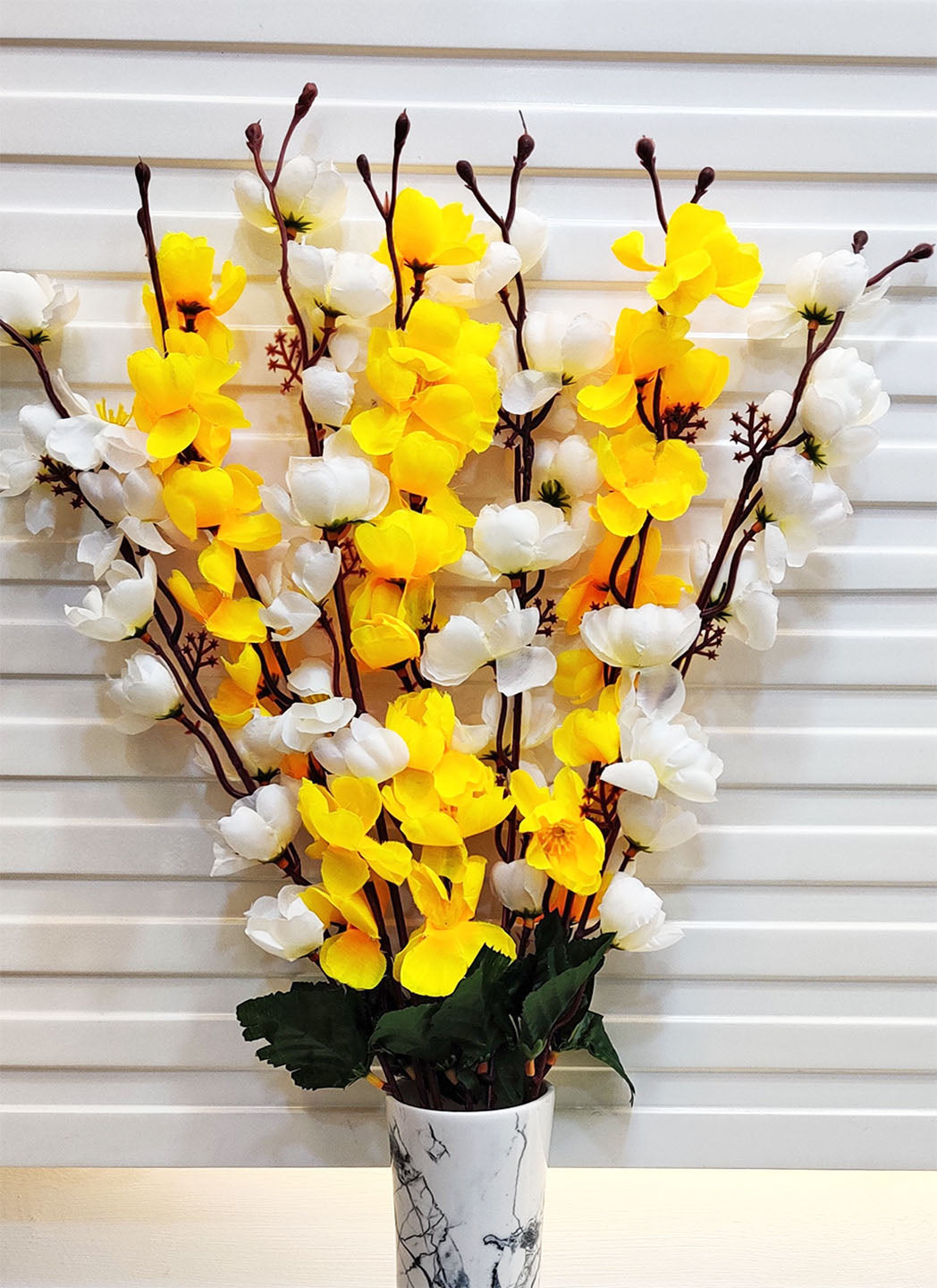 ARTSY® Serene White and Cheerful Yellow Artificial Cherry Blossom Flower Bunch For Home Decoration Vase Filler - One Piece, Without Vase 55 CM Long