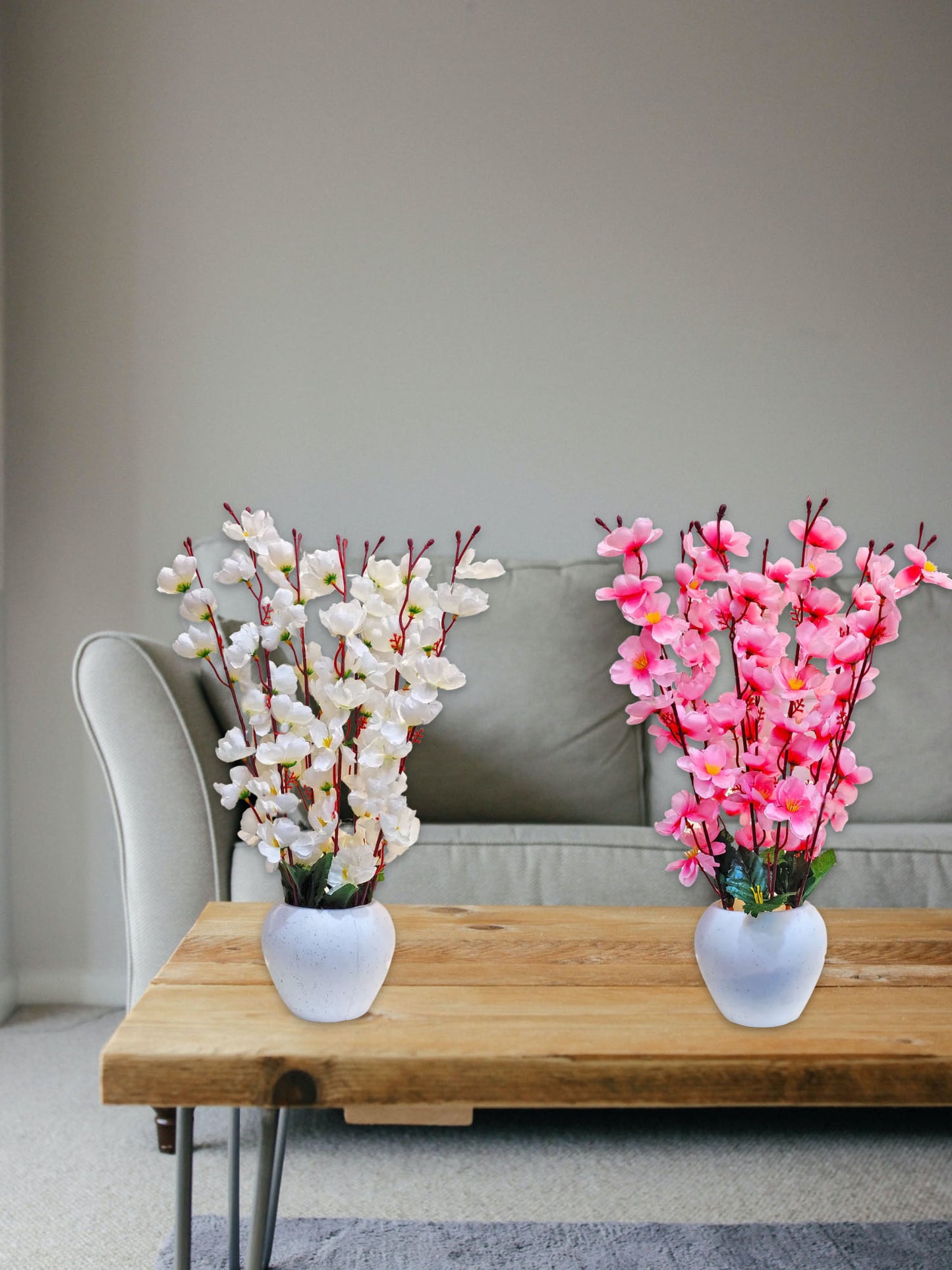 ARTSY® Artificial Flowers With Pot For Home Decoration, Office Decor Cherry Blossom combo, White, Light Pink, Pack of 2 Pieces.