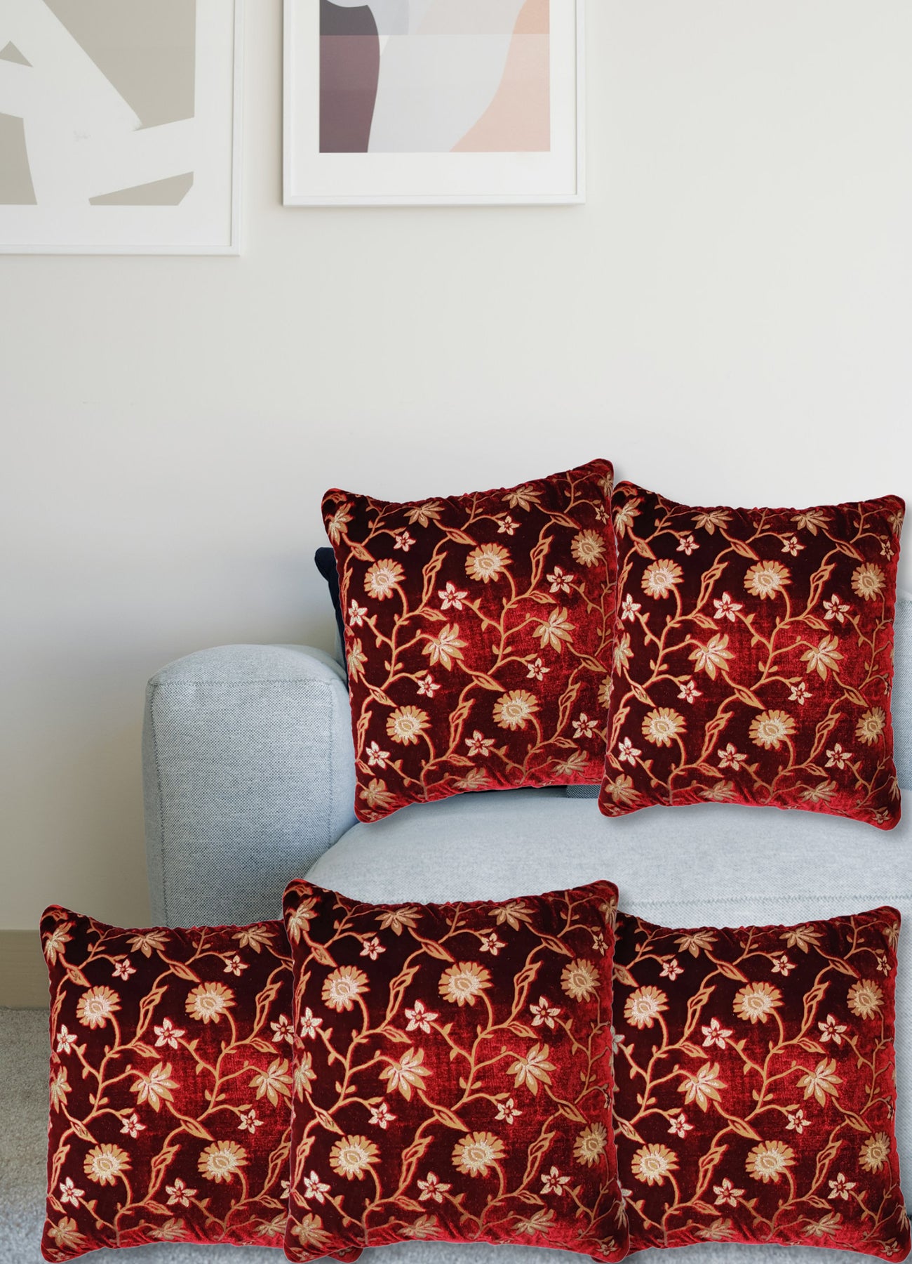 Premium Velvet Cushion Covers: Softness and Style Combined, Pack of 5 Pieces, Maroon, 16 X 16 Inches