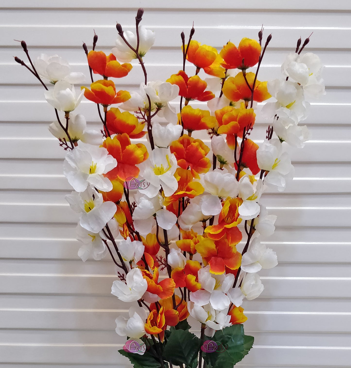 ARTSY® Vibrant Orange and White Artificial Cherry Blossom Flower Elegance, For Home Decoration, Office Decor, Without Vase, 55 Cm Long