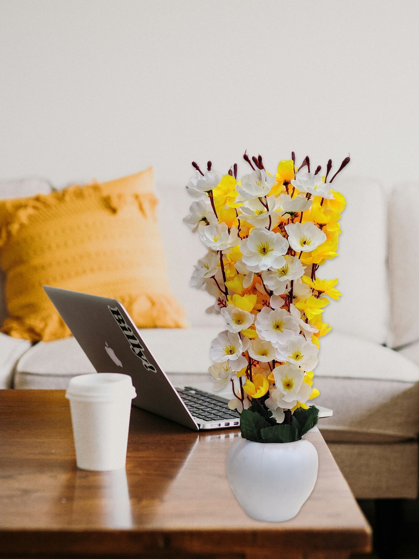 ARTSY® Artificial Flowers With Pot For Home Decoration, Office Decor Cherry Blossom combo, Yellow, White, 1 Piece